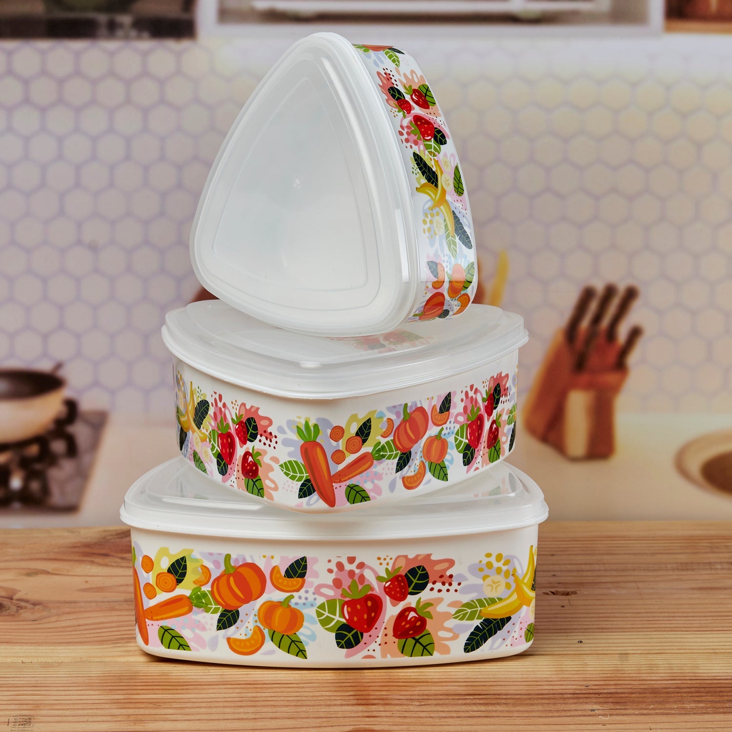 Plastic Airtight Container with Lid, Set of 3, Triangle (10694)