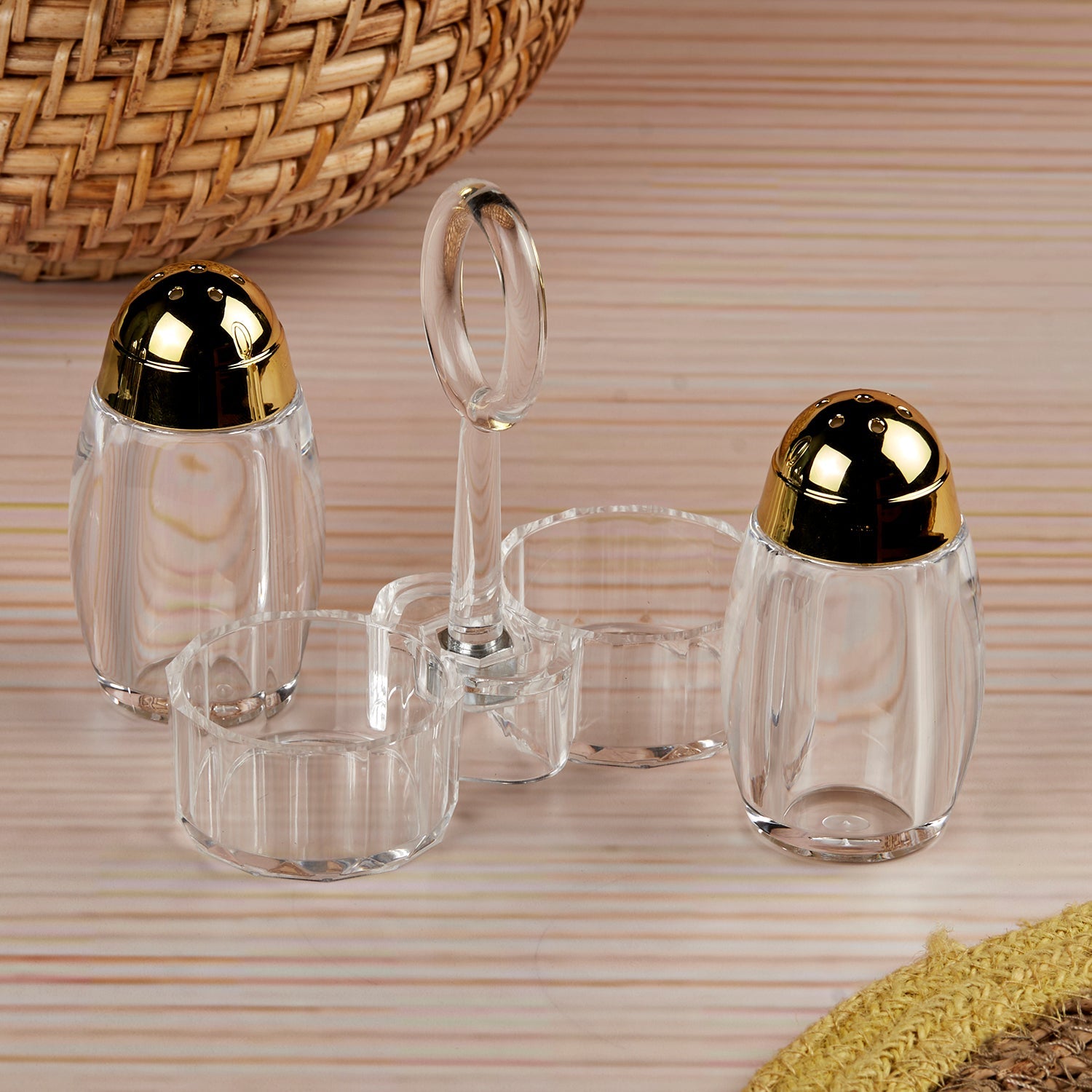 Kookee Acrylic Salt and Pepper Shakers Set with tray for Dining Table used as Namak Dhani, Shaker, Sprinkler, Spices Dispenser for Home, Kitchen and Restaurant, Transparent Gold (10706)