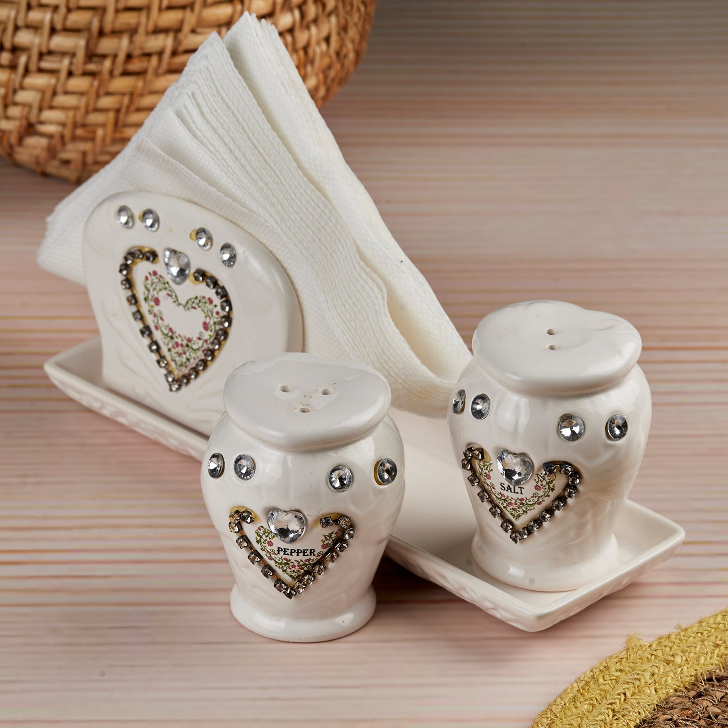 Ceramic Salt and Pepper Shakers Set with tray for Dining Table (10716)