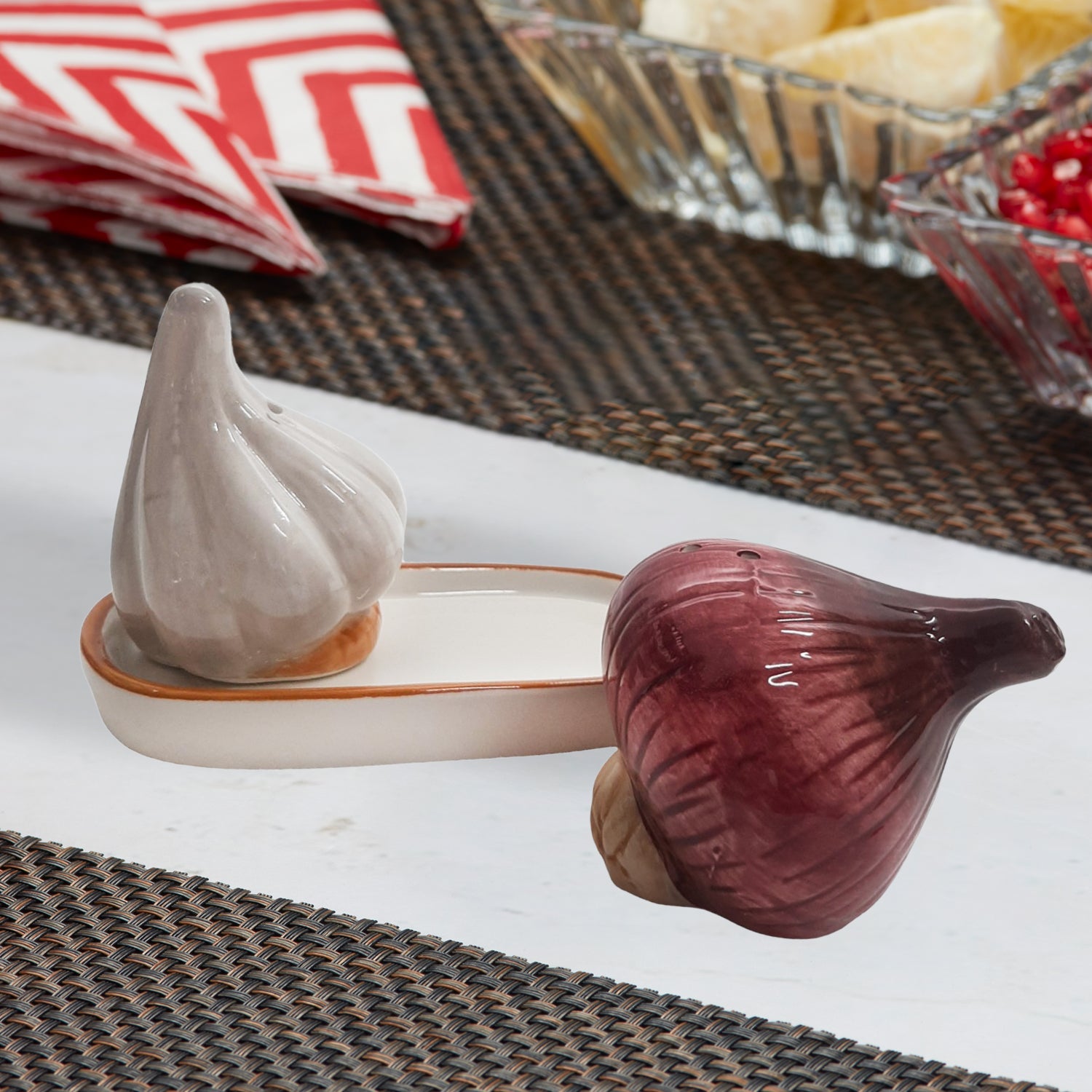 Ceramic Salt and Pepper Shakers Set with tray for Dining Table (10711)