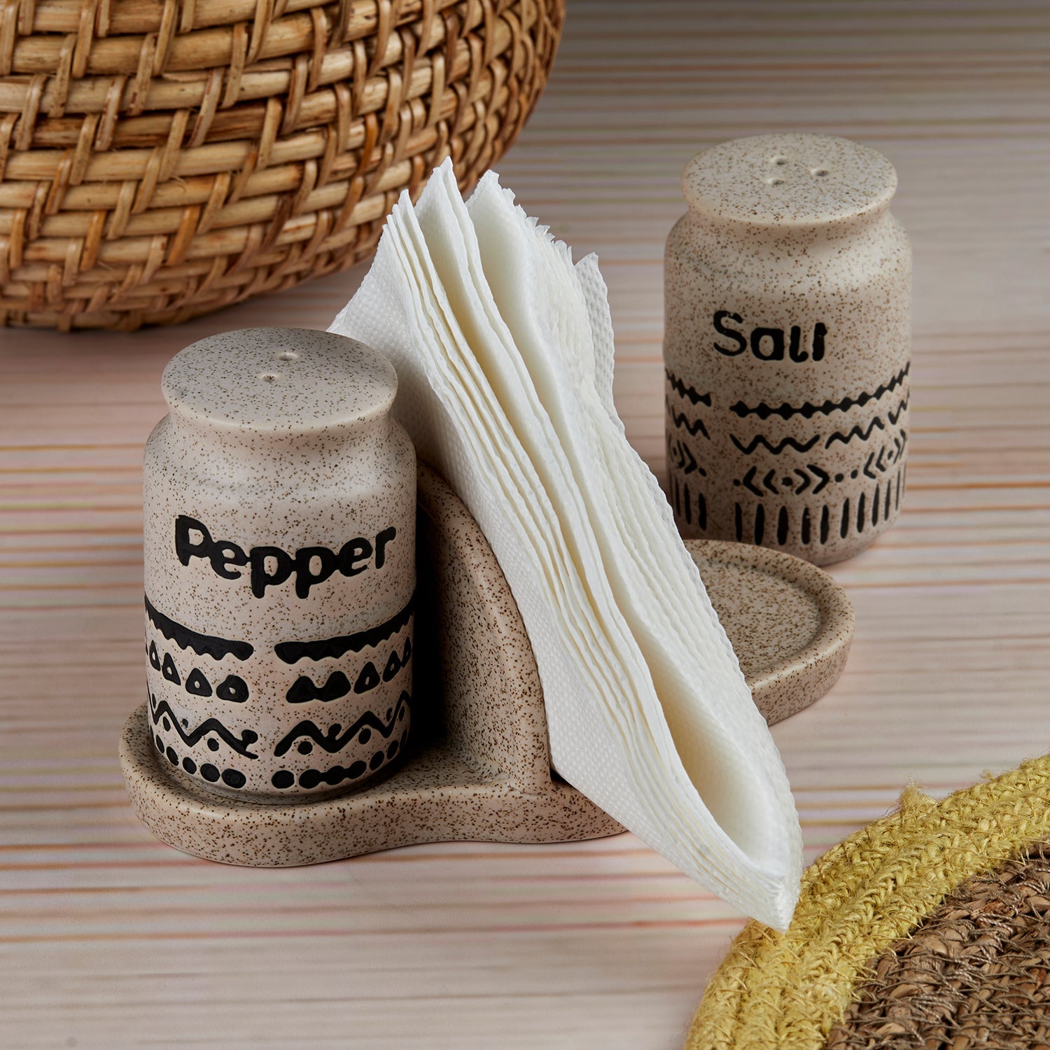 Ceramic Salt and Pepper Shakers Set with tray for Dining Table (10713)