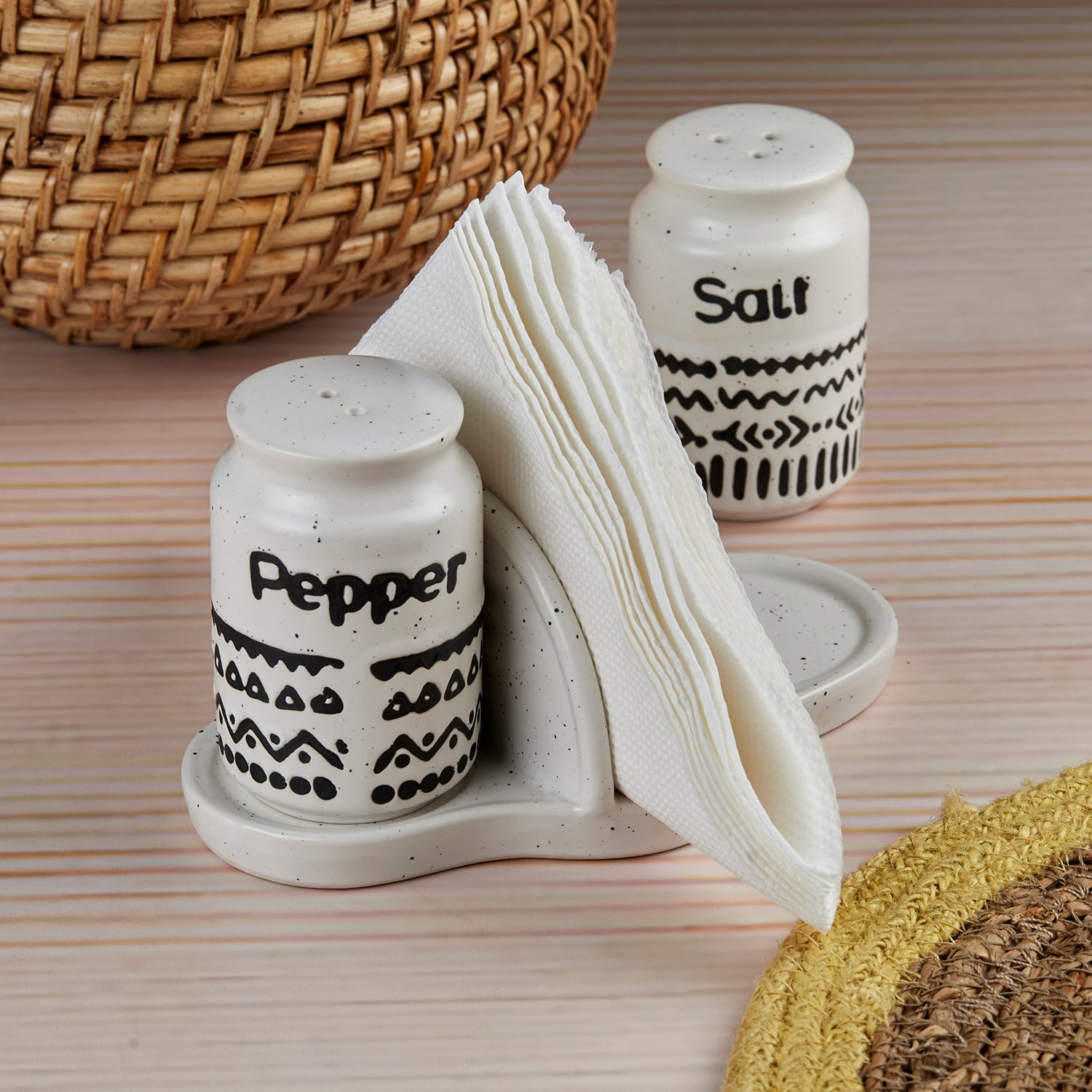 Ceramic Salt and Pepper Shakers Set with tray for Dining Table (10713)