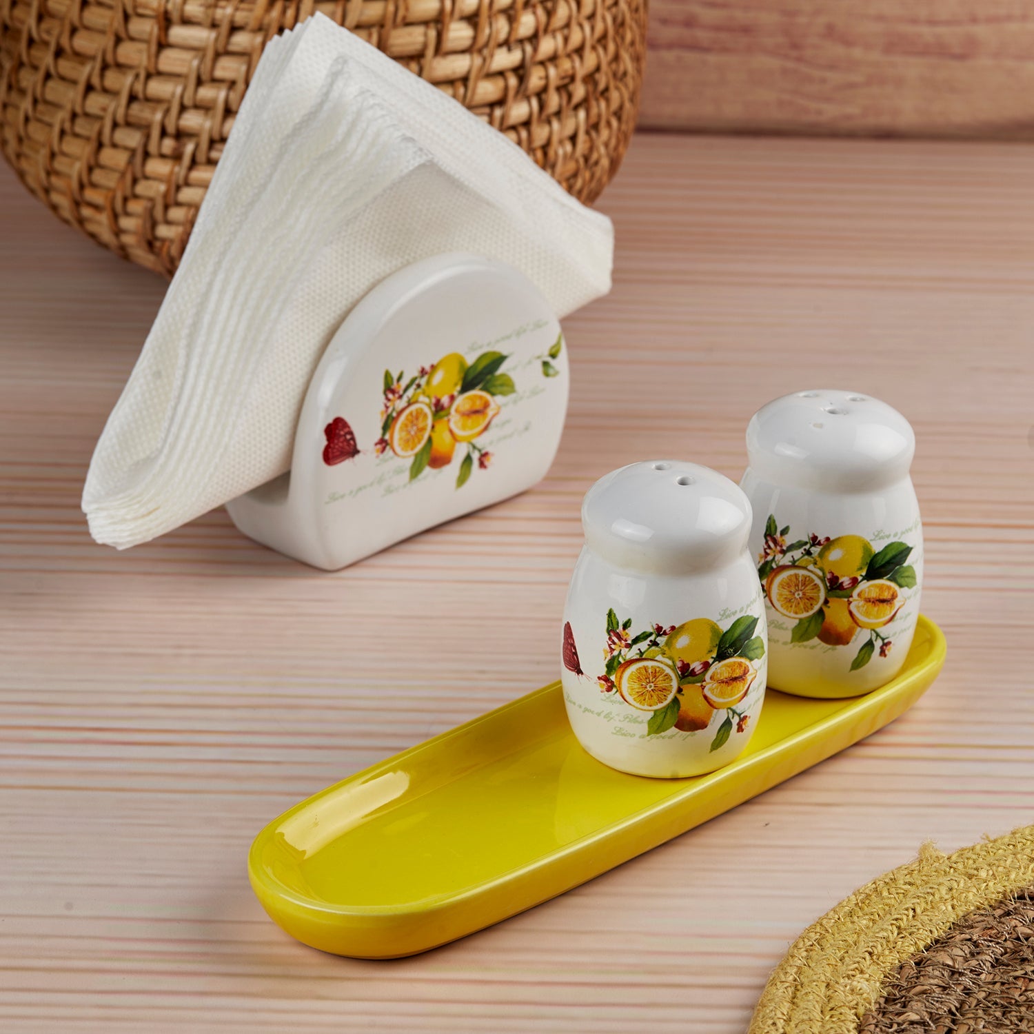 Ceramic Salt and Pepper Shakers Set with tray for Dining Table (10714)