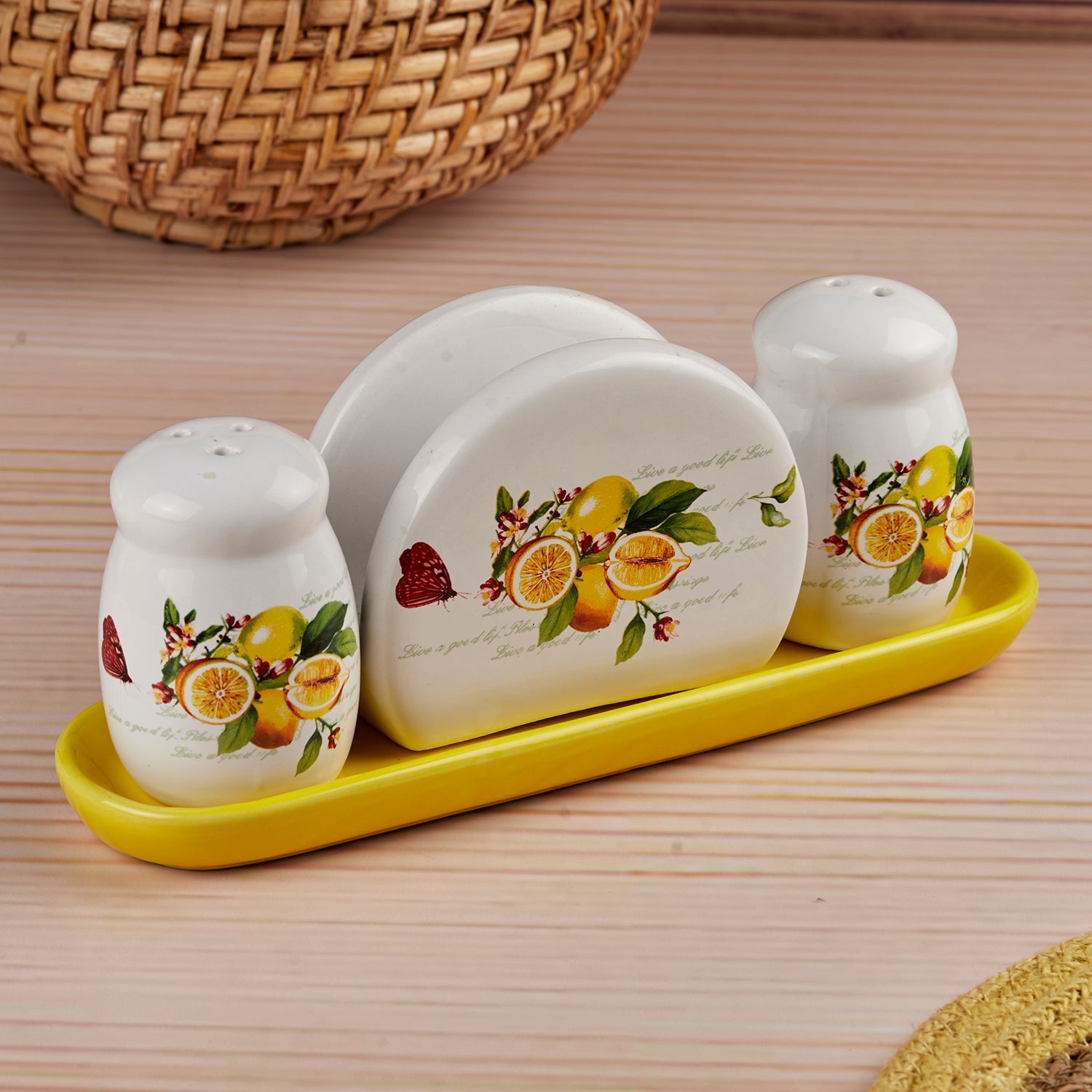 Ceramic Salt and Pepper Shakers Set with tray for Dining Table (10714)