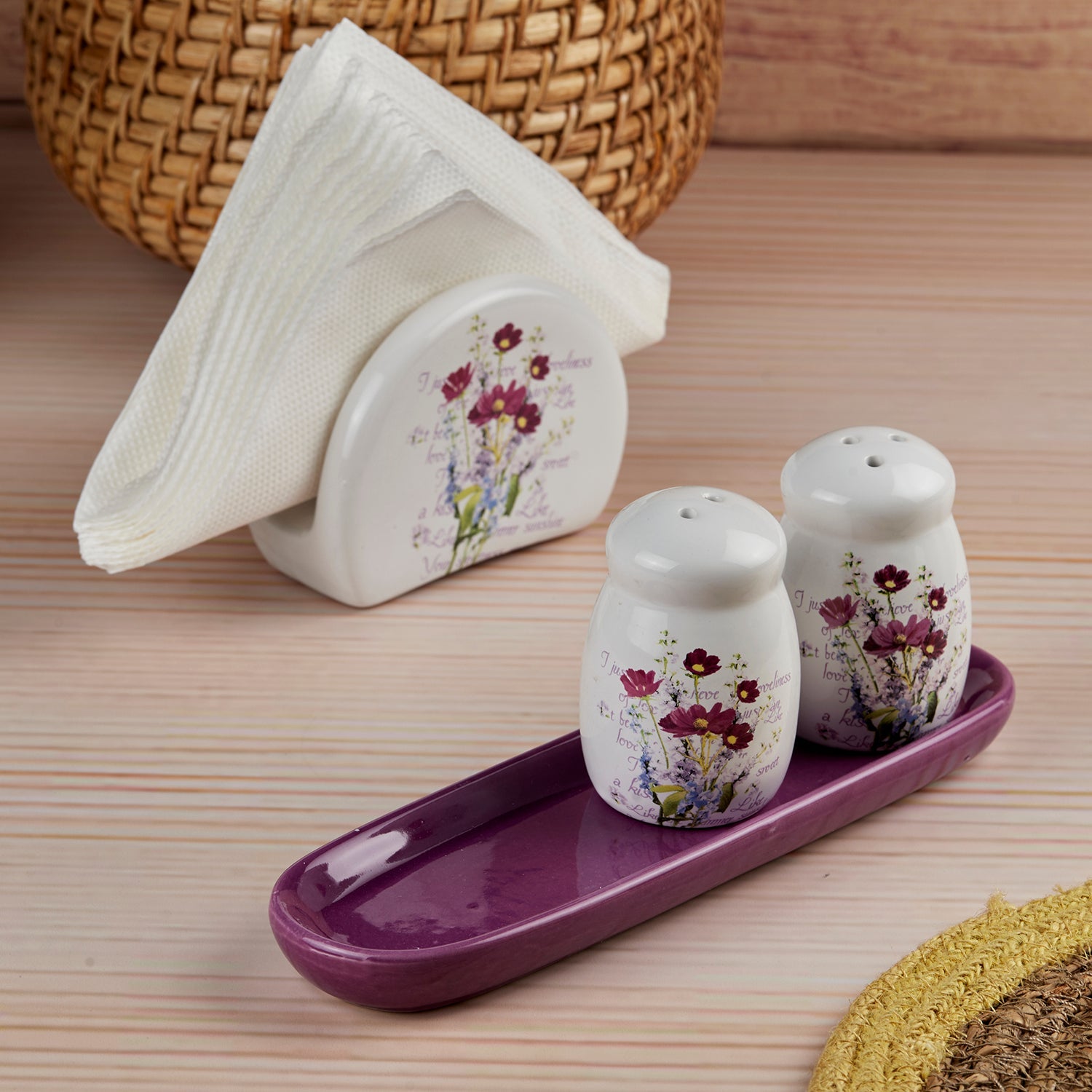 Ceramic Salt and Pepper Shakers Set with tray for Dining Table (10715)