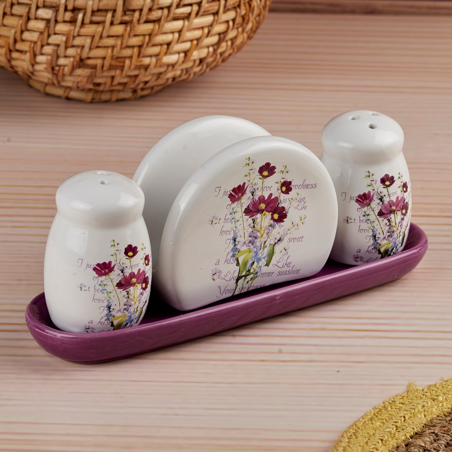 Ceramic Salt and Pepper Shakers Set with tray for Dining Table (10714)