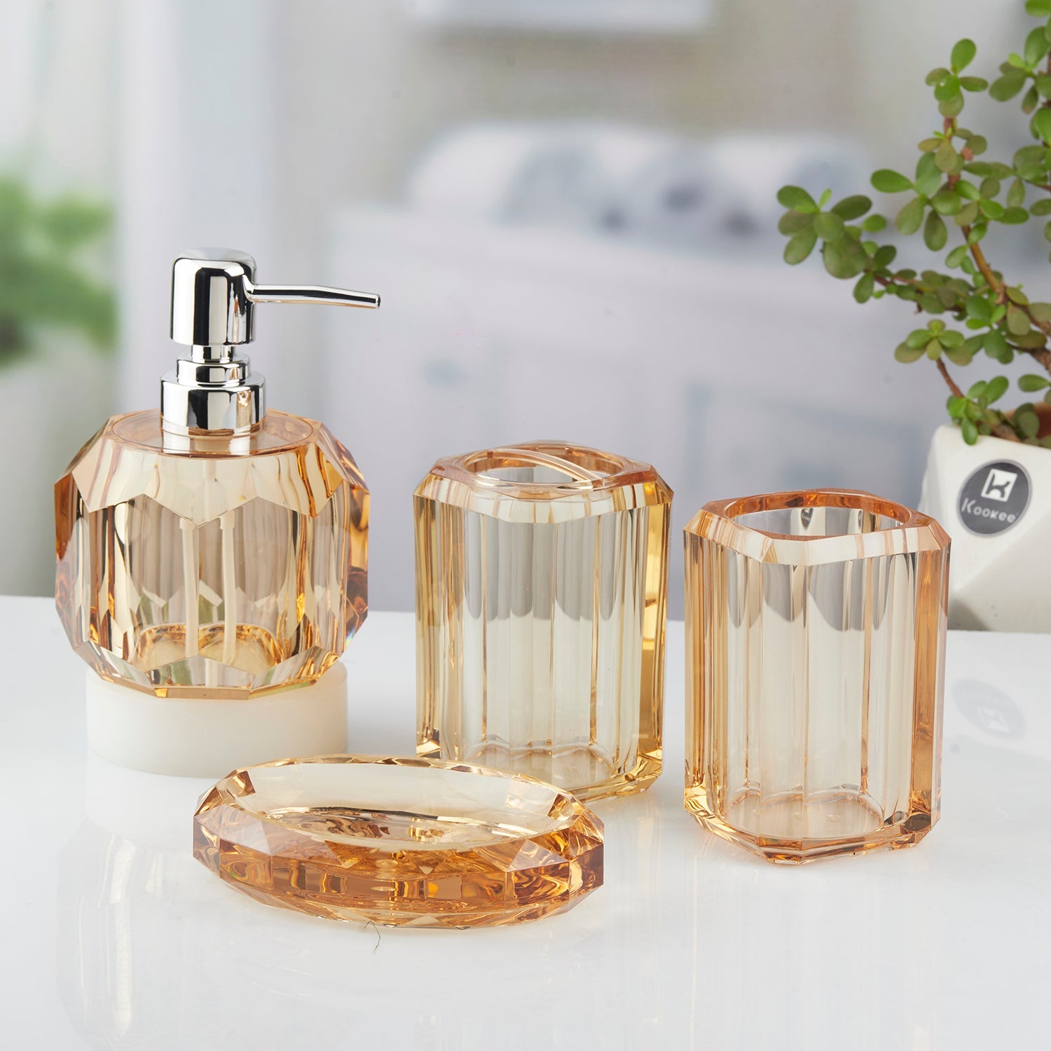 Kookee Acrylic Bathroom Accessories Set of 3, Modern Bath Set with Liquid handwash Soap Dispenser and Toothbrush holder, Luxury Gift Accessory for Home, Transparent Brown (10720)