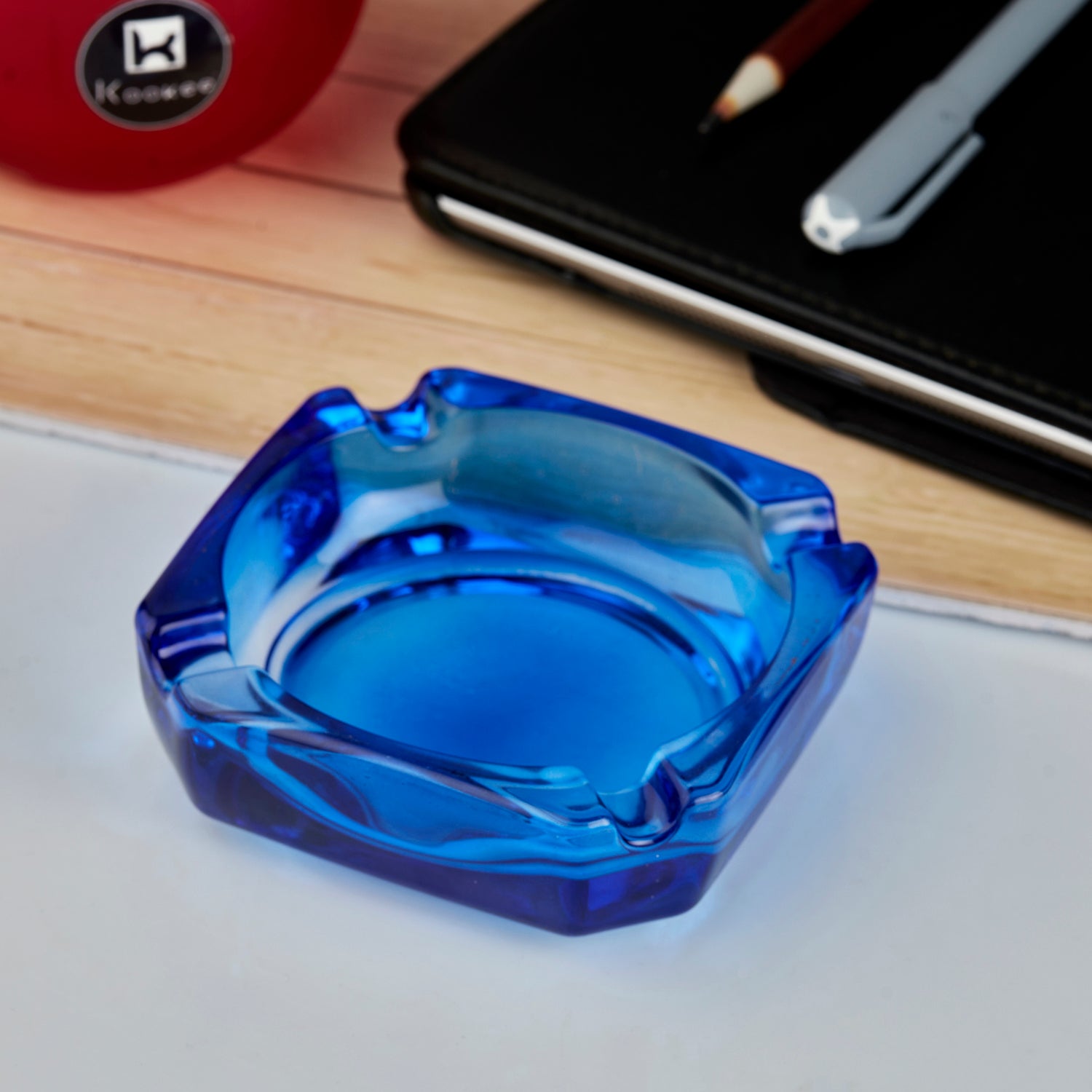 Kookee Glass Ashtray for Cigarettes, Tabletop Ashtray and Modern Decoration for Home Office Bar Restaurant Indoor Outdoor, Blue (10749)
