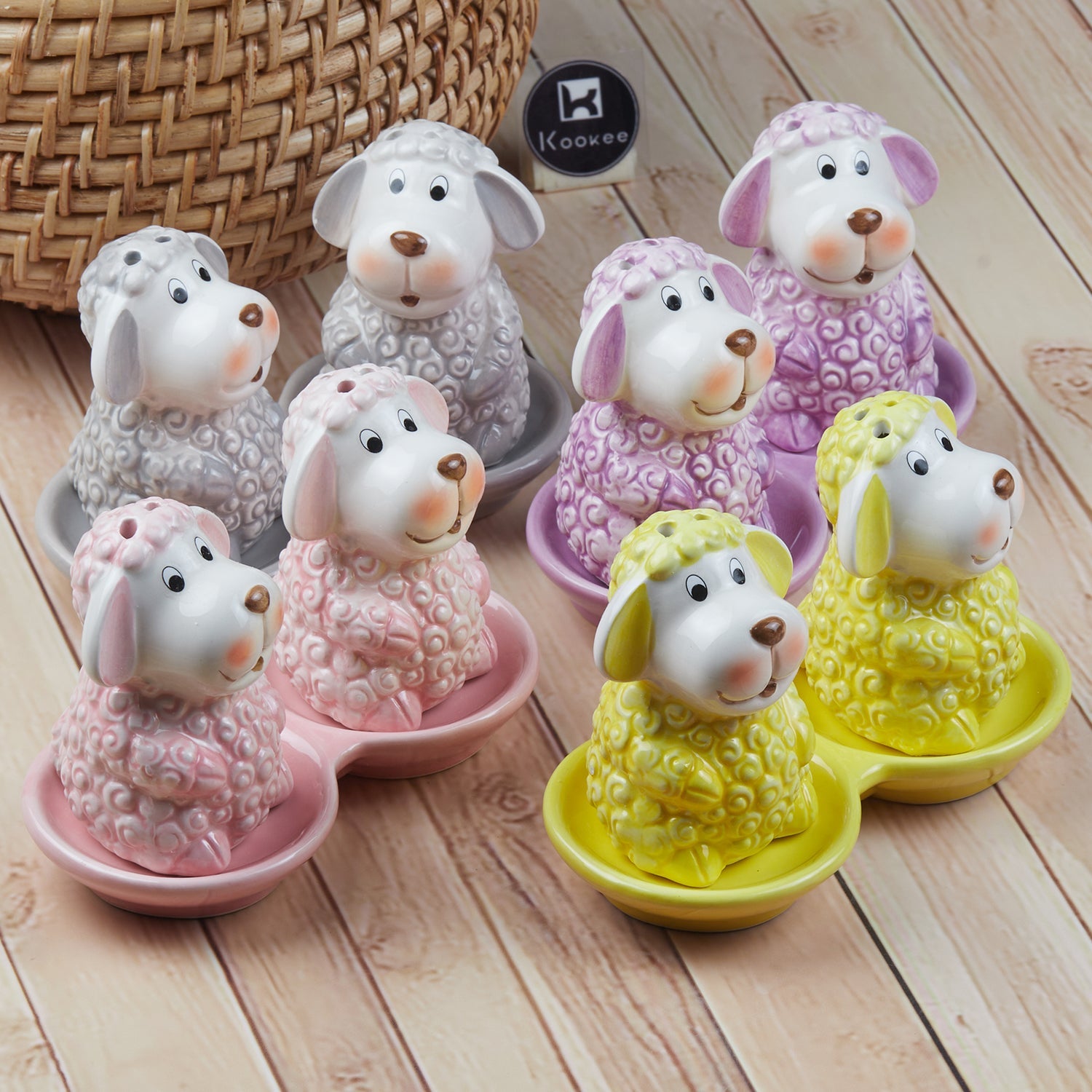 Ceramic Salt and Pepper Set with tray, Sheep Design, Pink (8561)