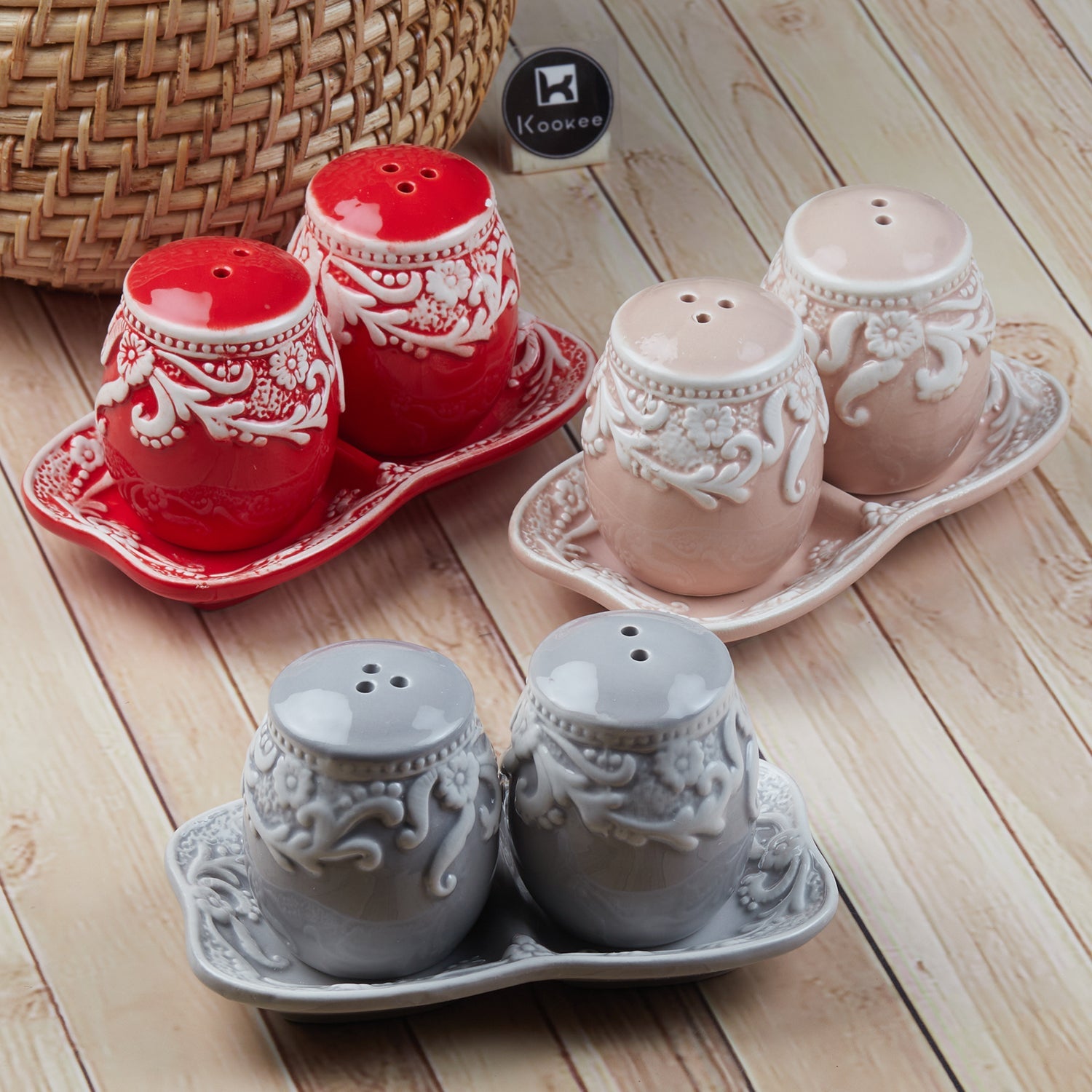 Ceramic Salt and Pepper Set with tray, Floral Design, Red White (8565)