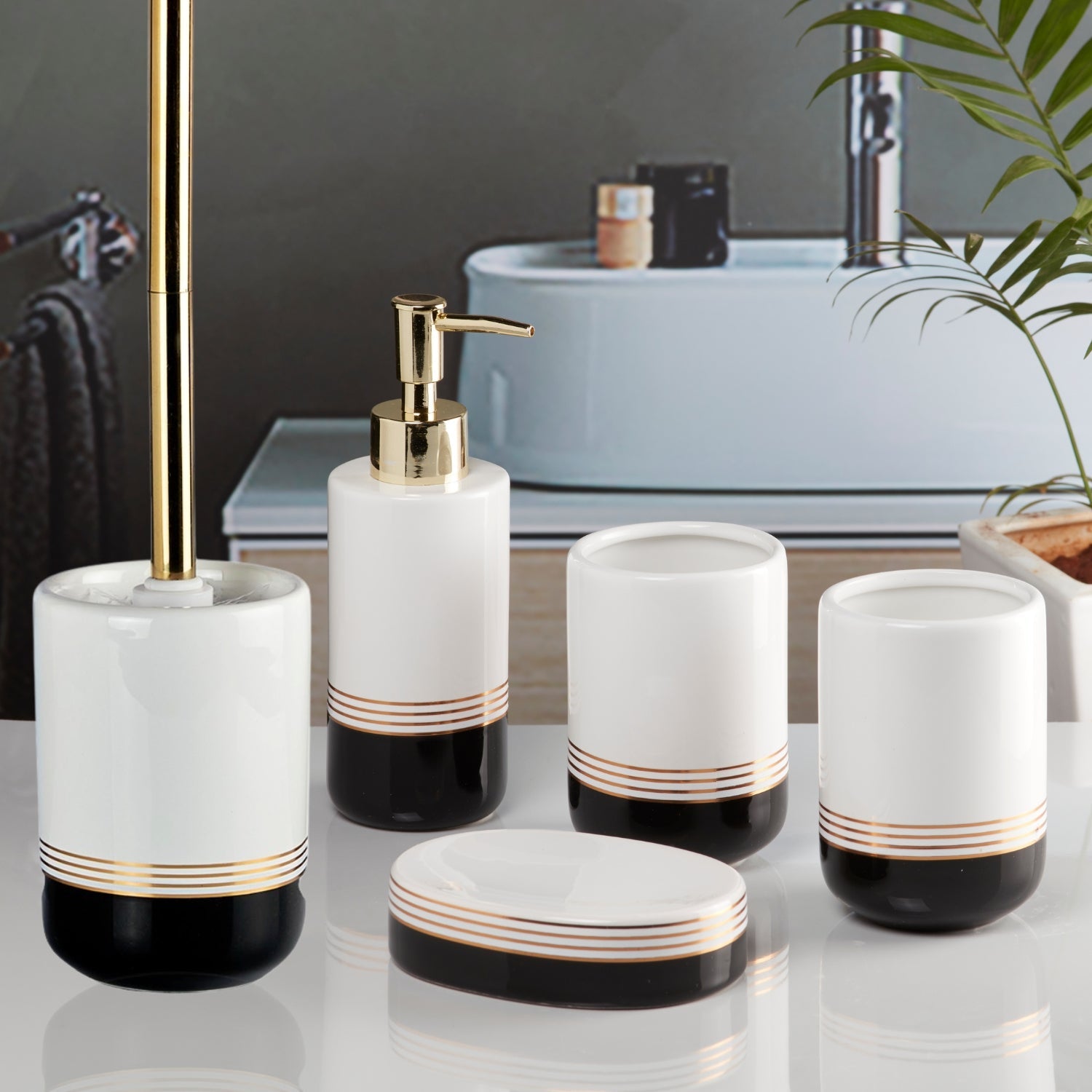 Ceramic Bathroom Set of 5 with Soap Dispenser (11044)