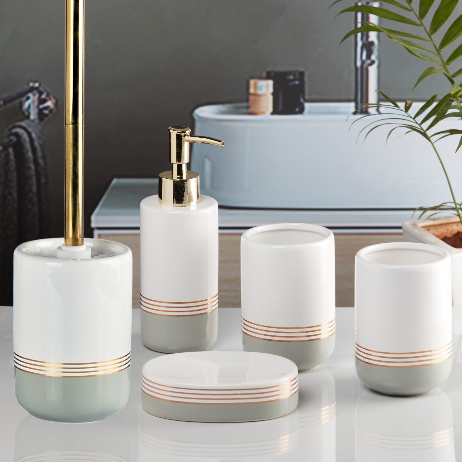 Ceramic Bathroom Set of 5 with Soap Dispenser (11045)