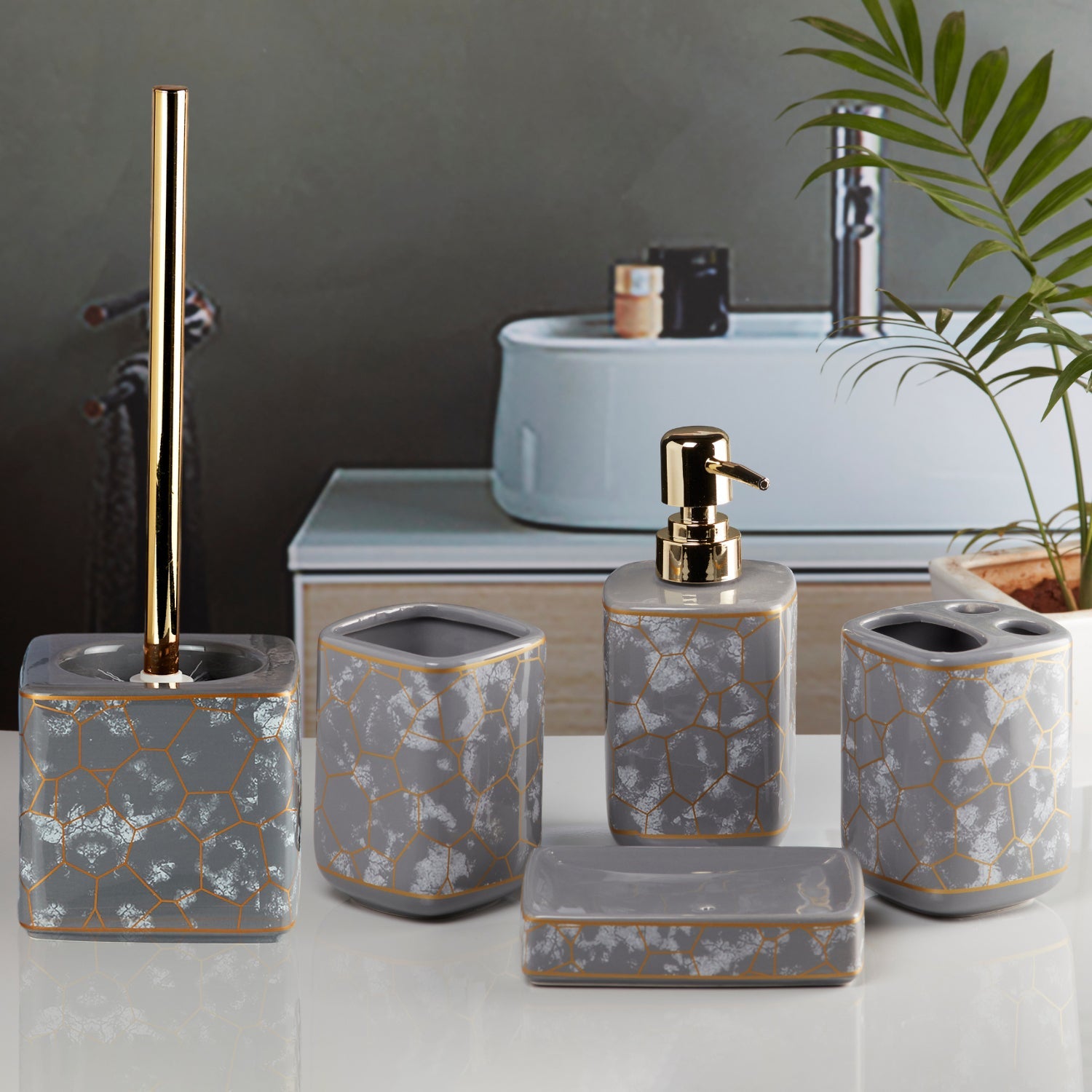 Ceramic Bathroom Set of 5 with Soap Dispenser (11057)