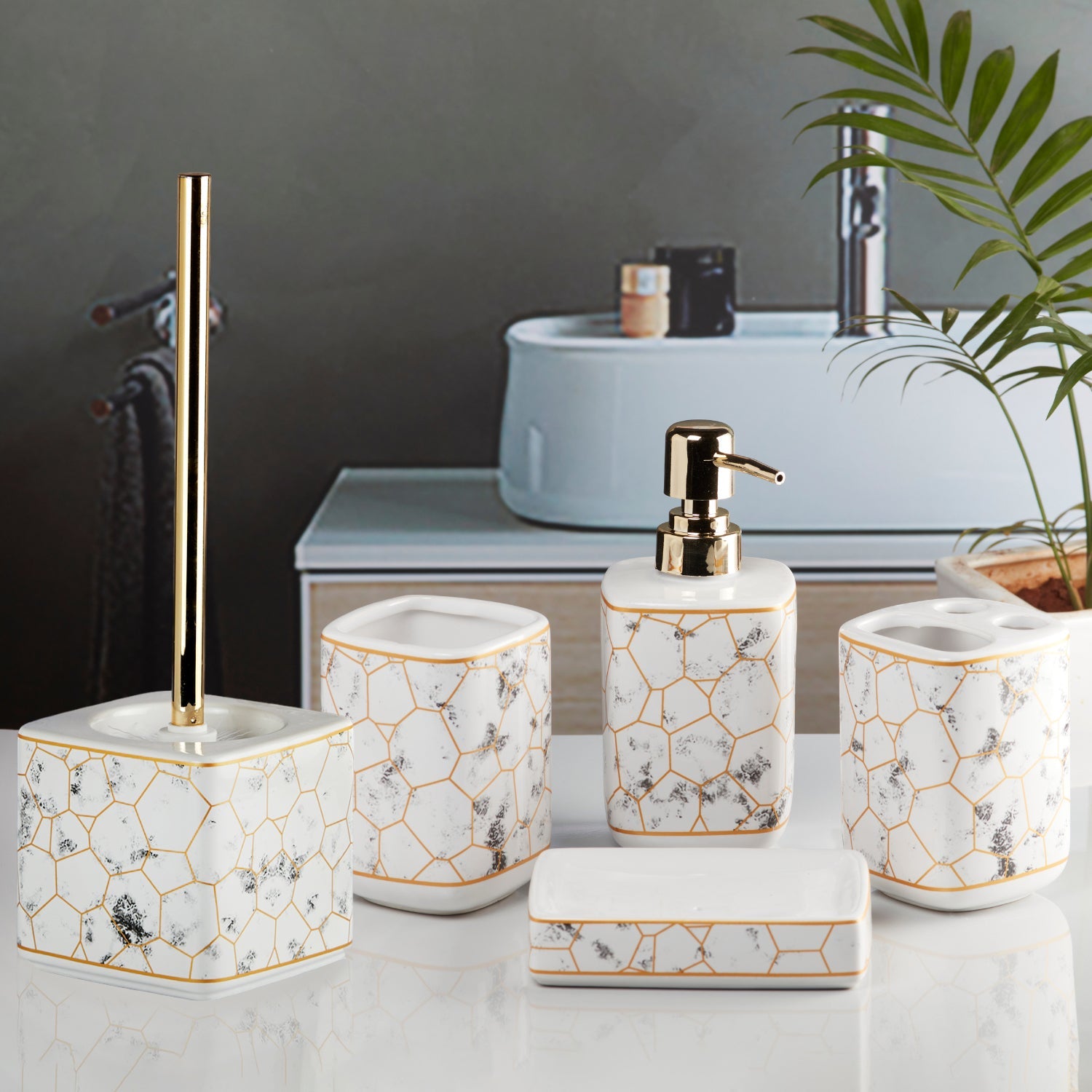 Ceramic Bathroom Set of 5 with Soap Dispenser (11057)