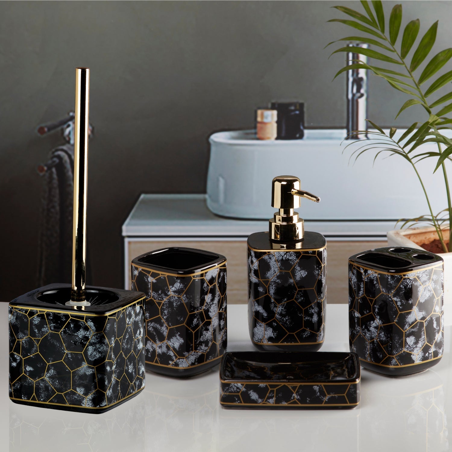 Ceramic Bathroom Set of 5 with Soap Dispenser (11057)