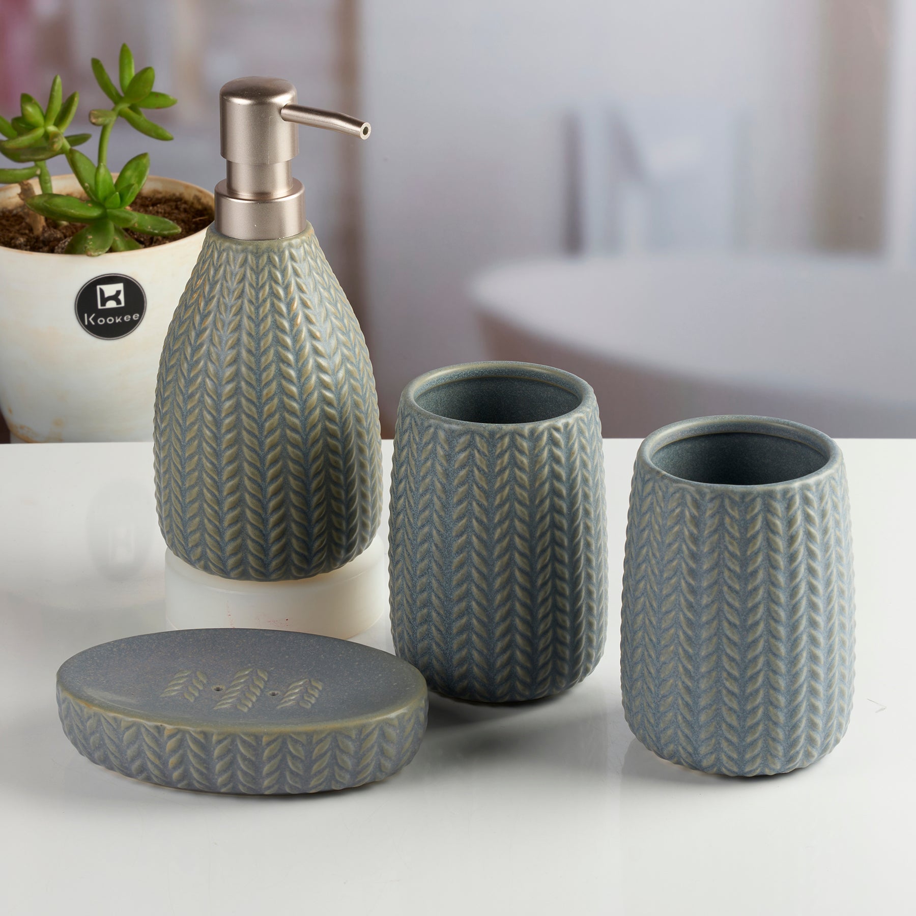 Ceramic Bathroom Accessories Set of 4 with Soap Dispenser (11094)