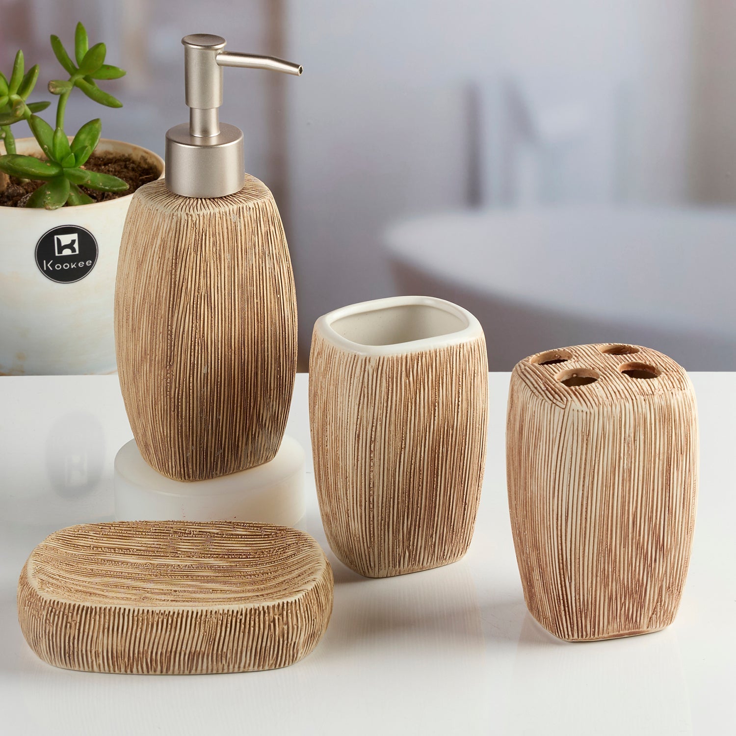 Ceramic Bathroom Accessories Set of 4, Modern Bath Set with Liquid handwash Soap Dispenser and Toothbrush holder, Luxury Gift Accessory for Home (11097)