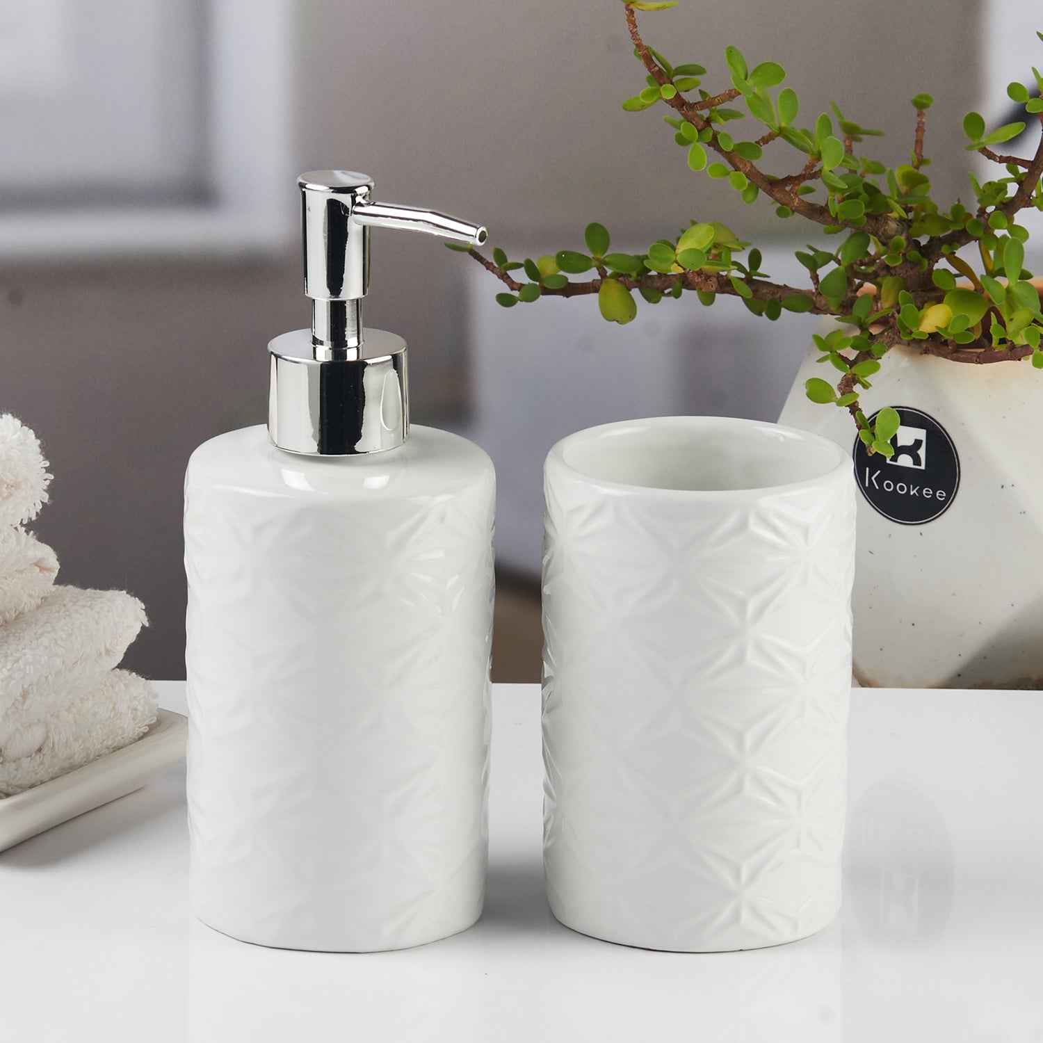 Ceramic Bathroom Accessories Set of 2 with Soap Dispenser (11112)