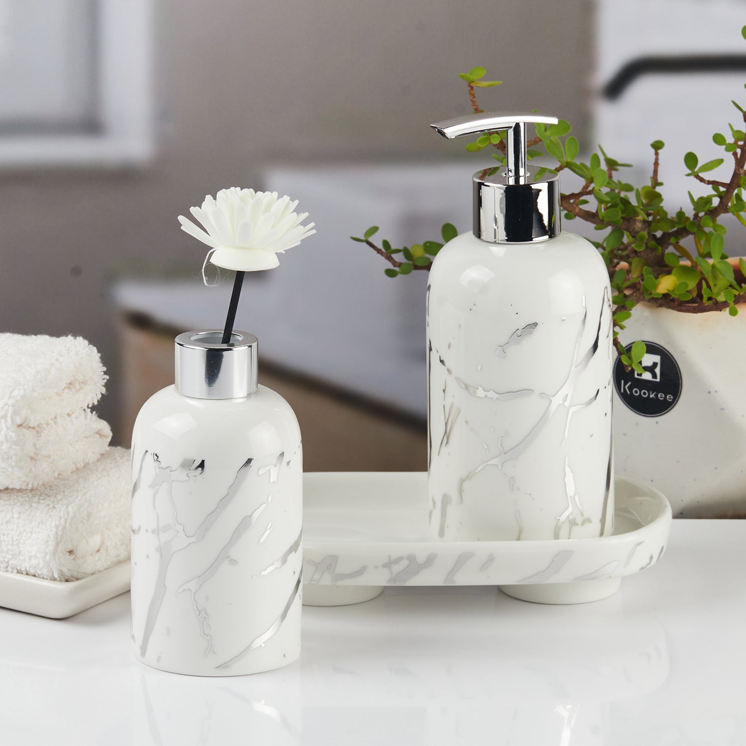 Ceramic Bathroom Accessories Set of 3 with Soap Dispenser (11095)