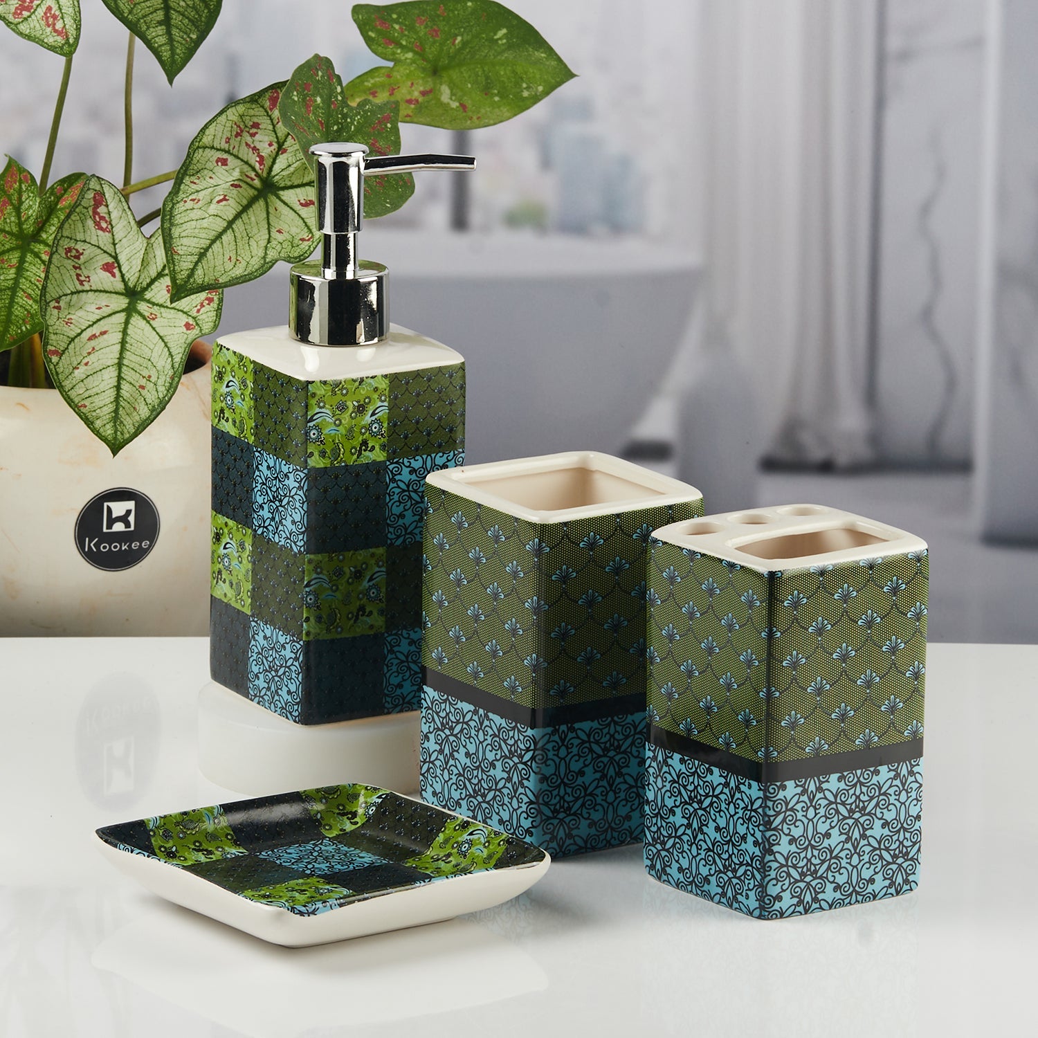 Ceramic Bathroom Accessories Set of 4 with Soap Dispenser (11123)