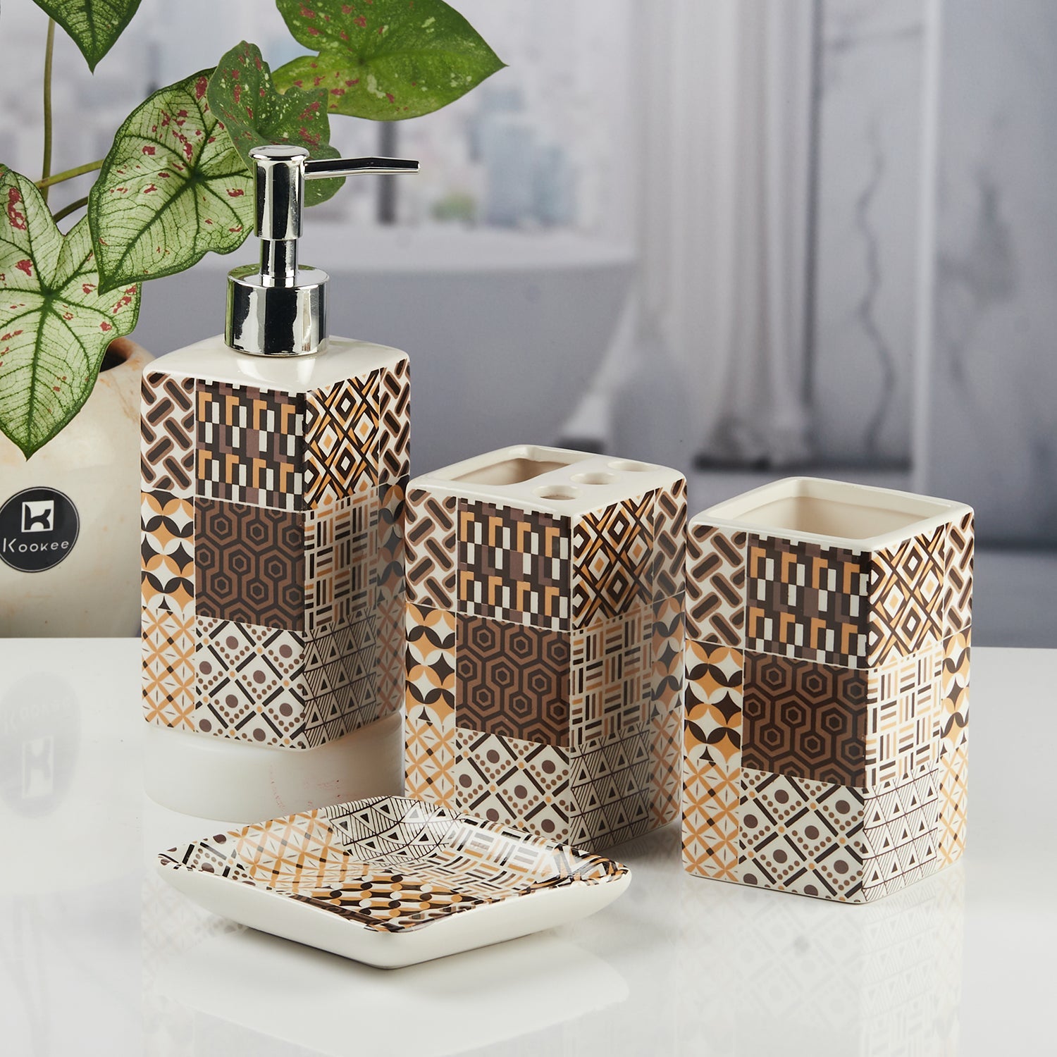 Ceramic Bathroom Accessories Set of 4 with Soap Dispenser (11123)