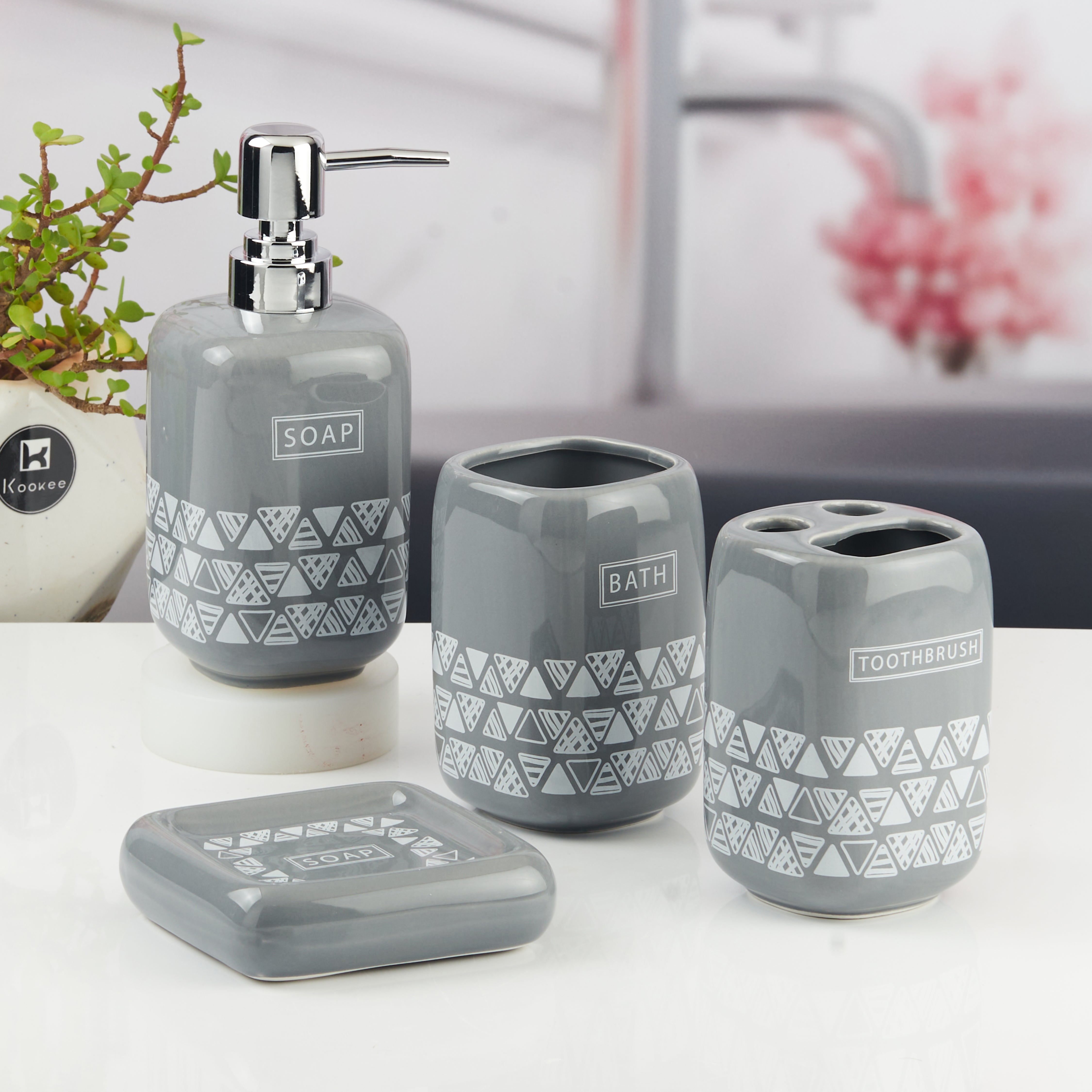 Ceramic Bathroom Accessories Set of 4 with Soap Dispenser (10449)