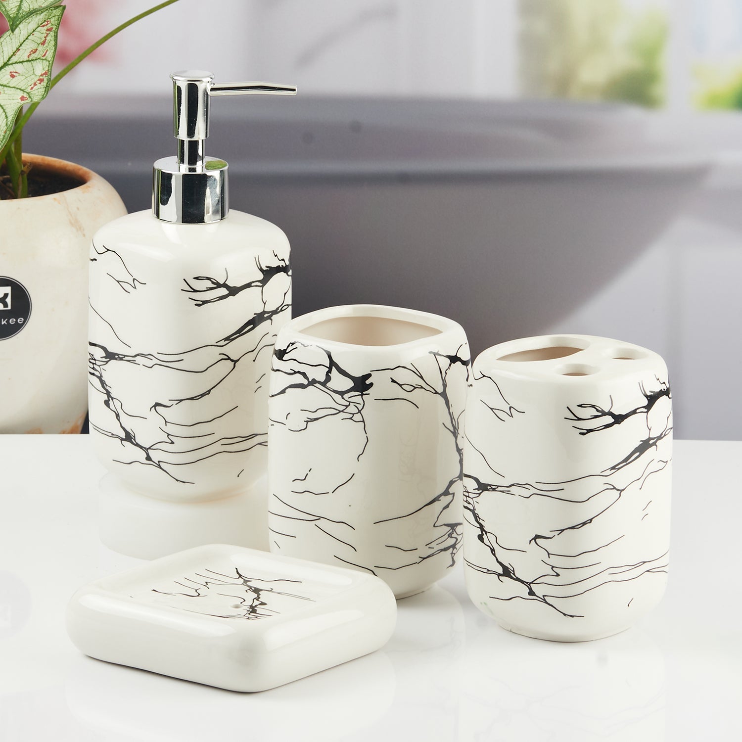 Ceramic Bathroom Accessories Set of 4 with Soap Dispenser (11129)