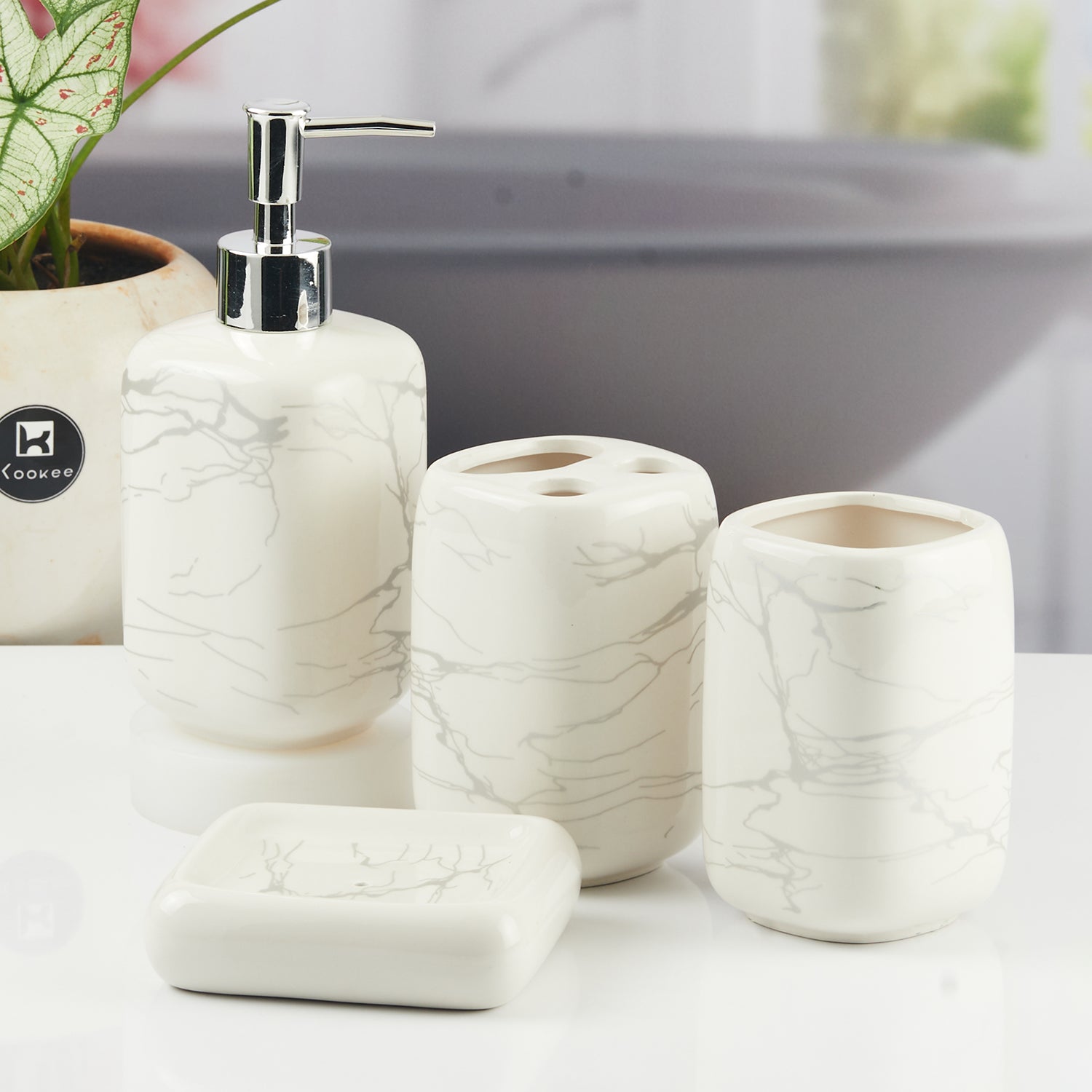 Ceramic Bathroom Accessories Set of 4 with Soap Dispenser (11129)