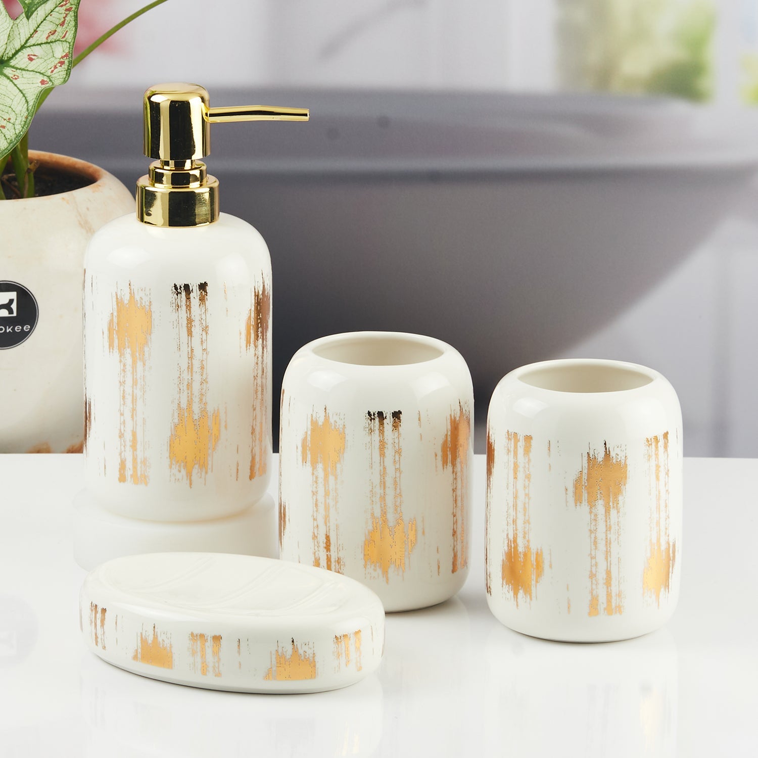 Ceramic Bathroom Accessories Set of 4 with Soap Dispenser (11133)