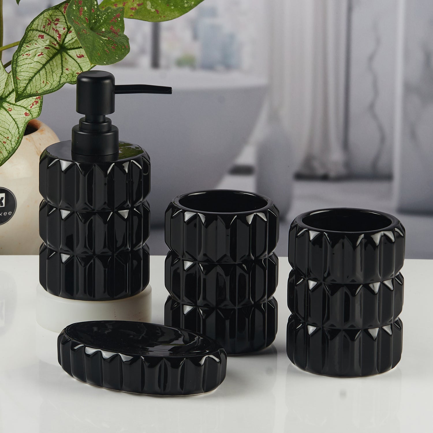 Ceramic Bathroom Accessories Set of 4 with Soap Dispenser (11134)