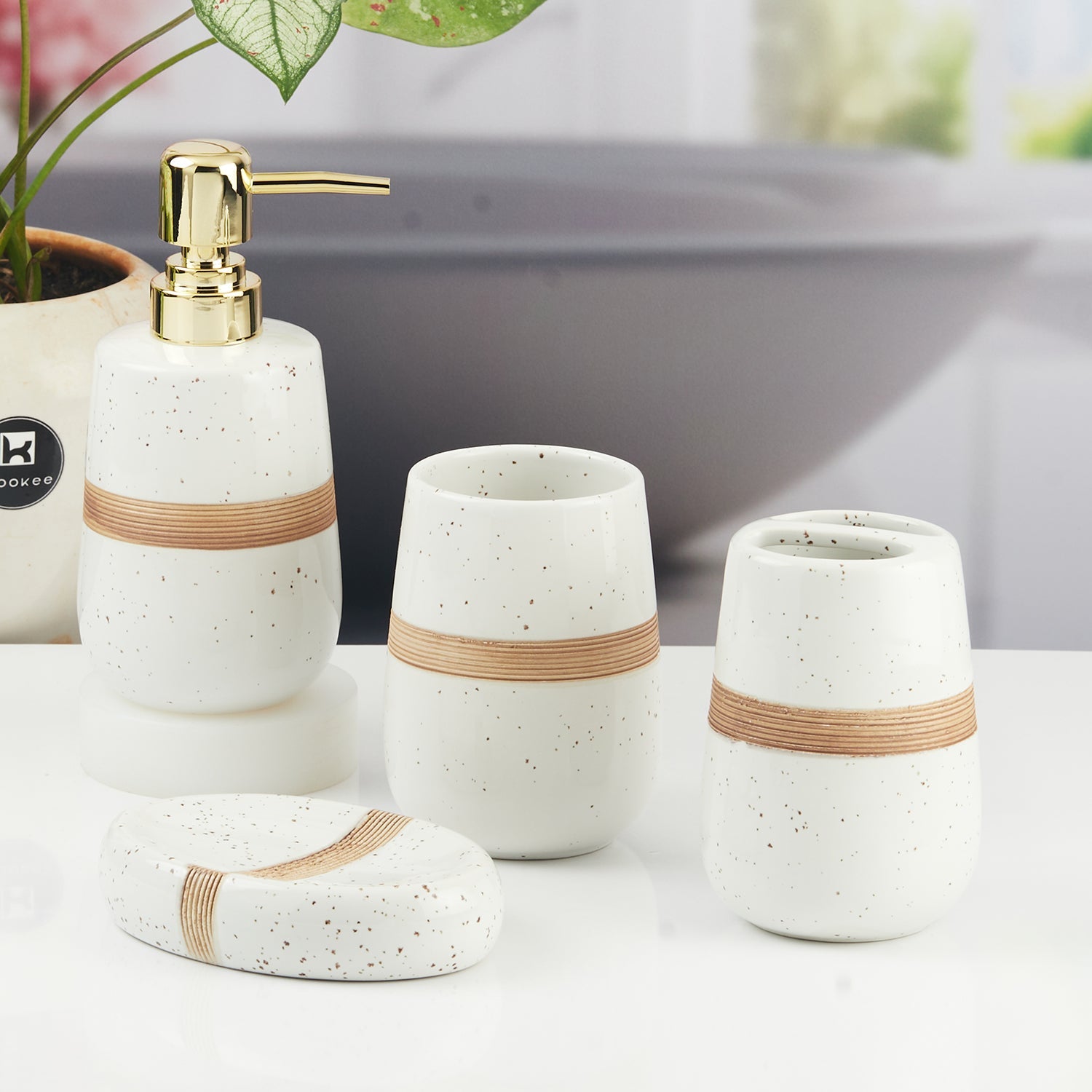 Ceramic Bathroom Accessories Set of 4 with Soap Dispenser (11135)