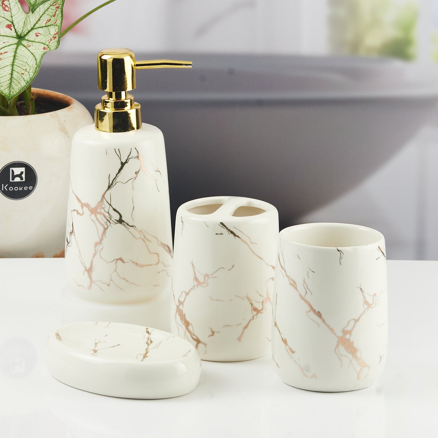 Ceramic Bathroom Accessories Set of 4 with Soap Dispenser (11138)