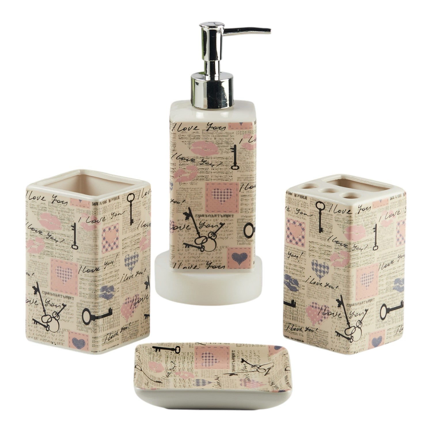 Ceramic Bathroom Accessories Set of 4 with Soap Dispenser (11140)