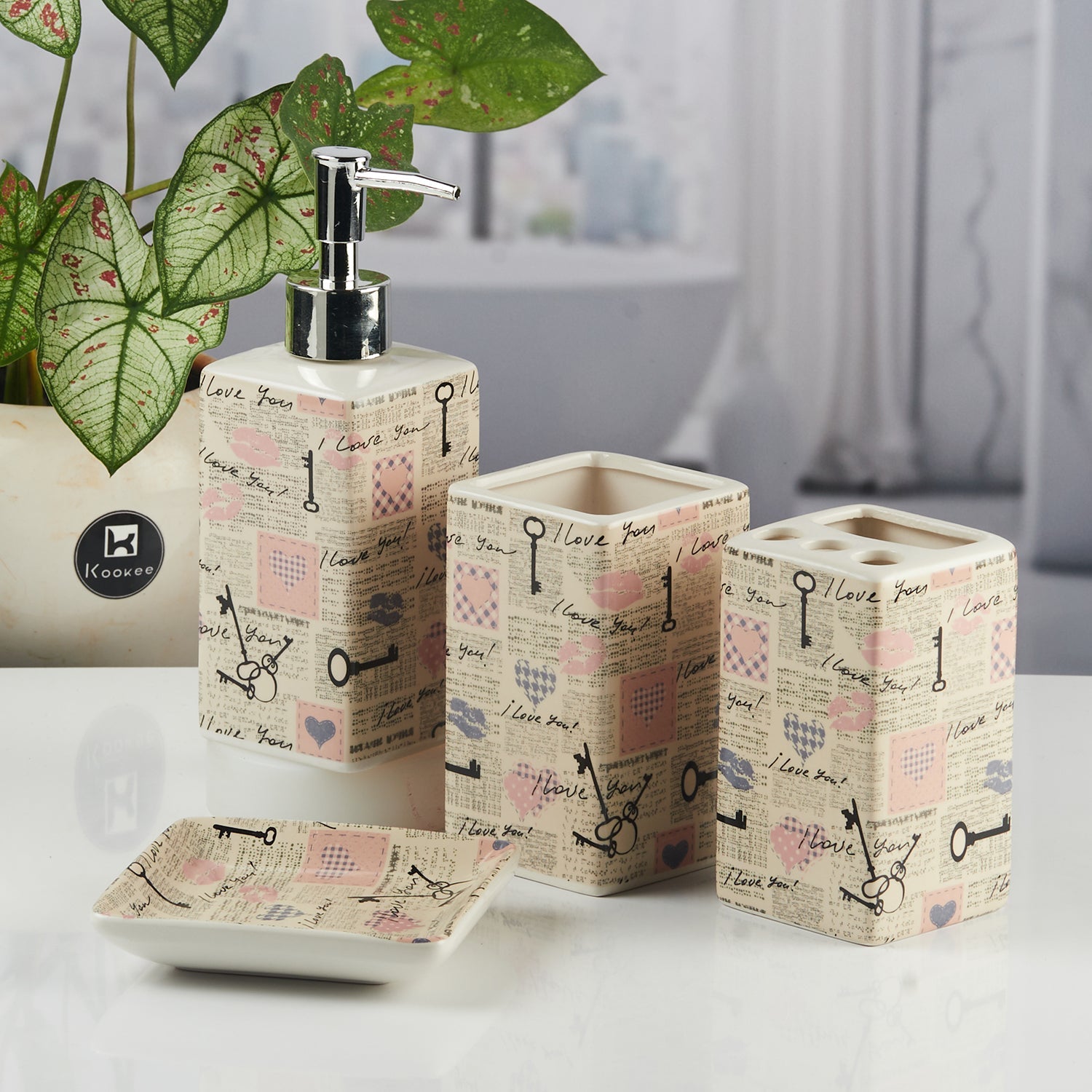 Ceramic Bathroom Accessories Set of 4 with Soap Dispenser (11140)