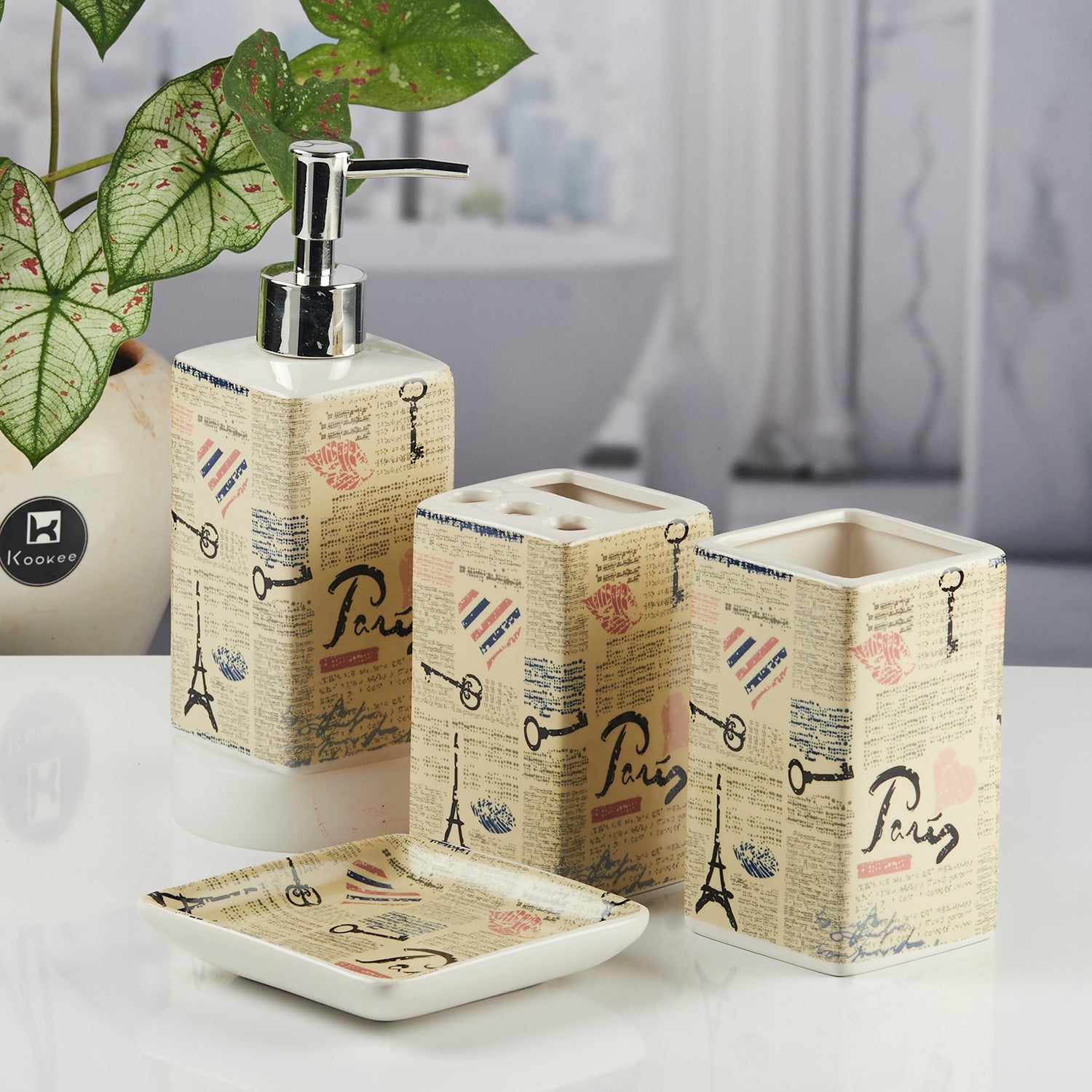 Ceramic Bathroom Accessories Set of 4 with Soap Dispenser (11140)