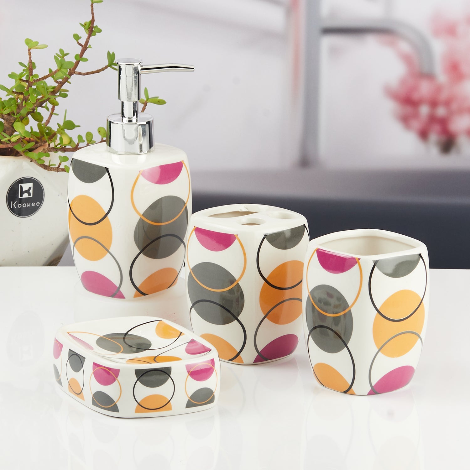 Ceramic Bathroom Accessories Set of 4 with Soap Dispenser (10169)