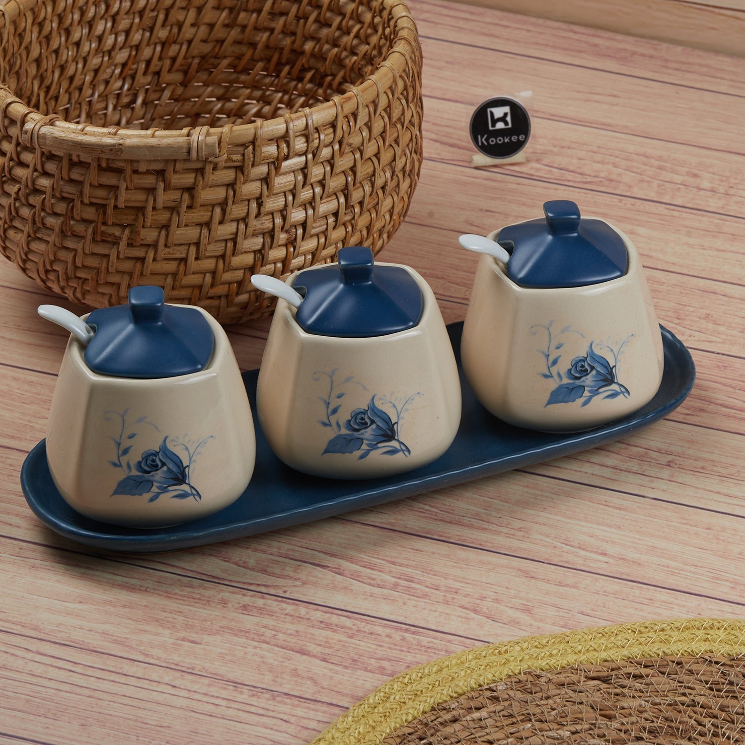 Ceramic Condiment Jars and Containers Set of 3, Blue (11148)
