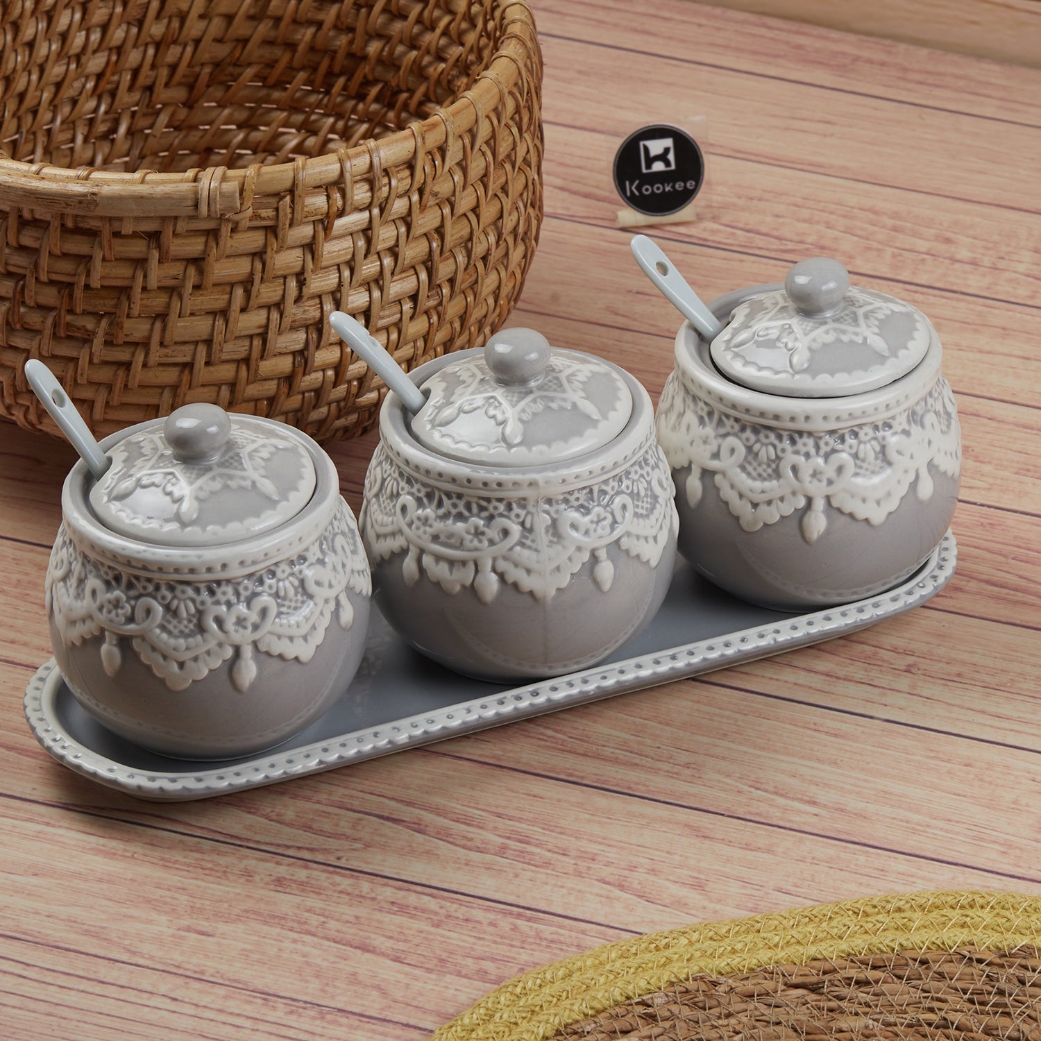 Ceramic Condiment Jars and Containers Set of 3, Grey (11149)