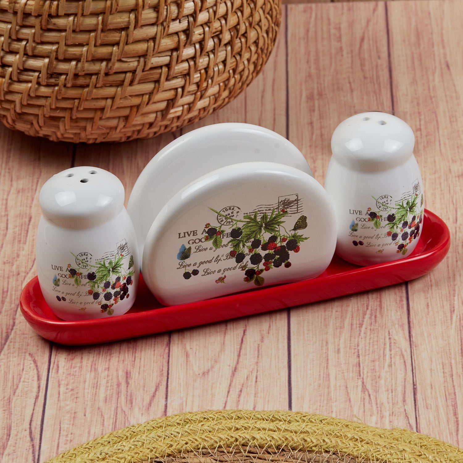 Ceramic Salt and Pepper Shakers Set with tray for Dining Table used as Namak Dhani, Shaker, Sprinkler, Spices Dispenser for Home, Kitchen and Restaurant (11154)