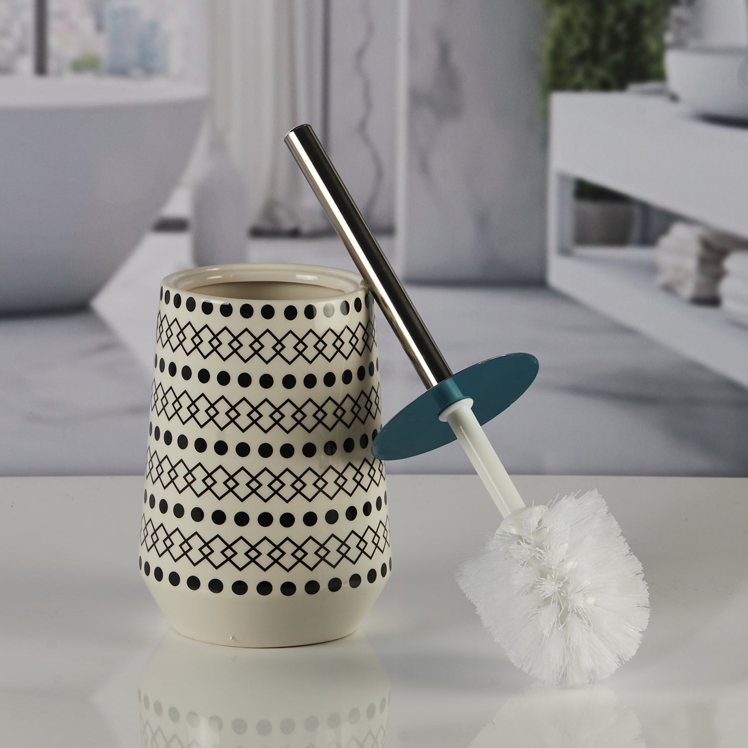 Ceramic Toilet Cleaner Brush with Holder Stand for Bathroom, White (11529)