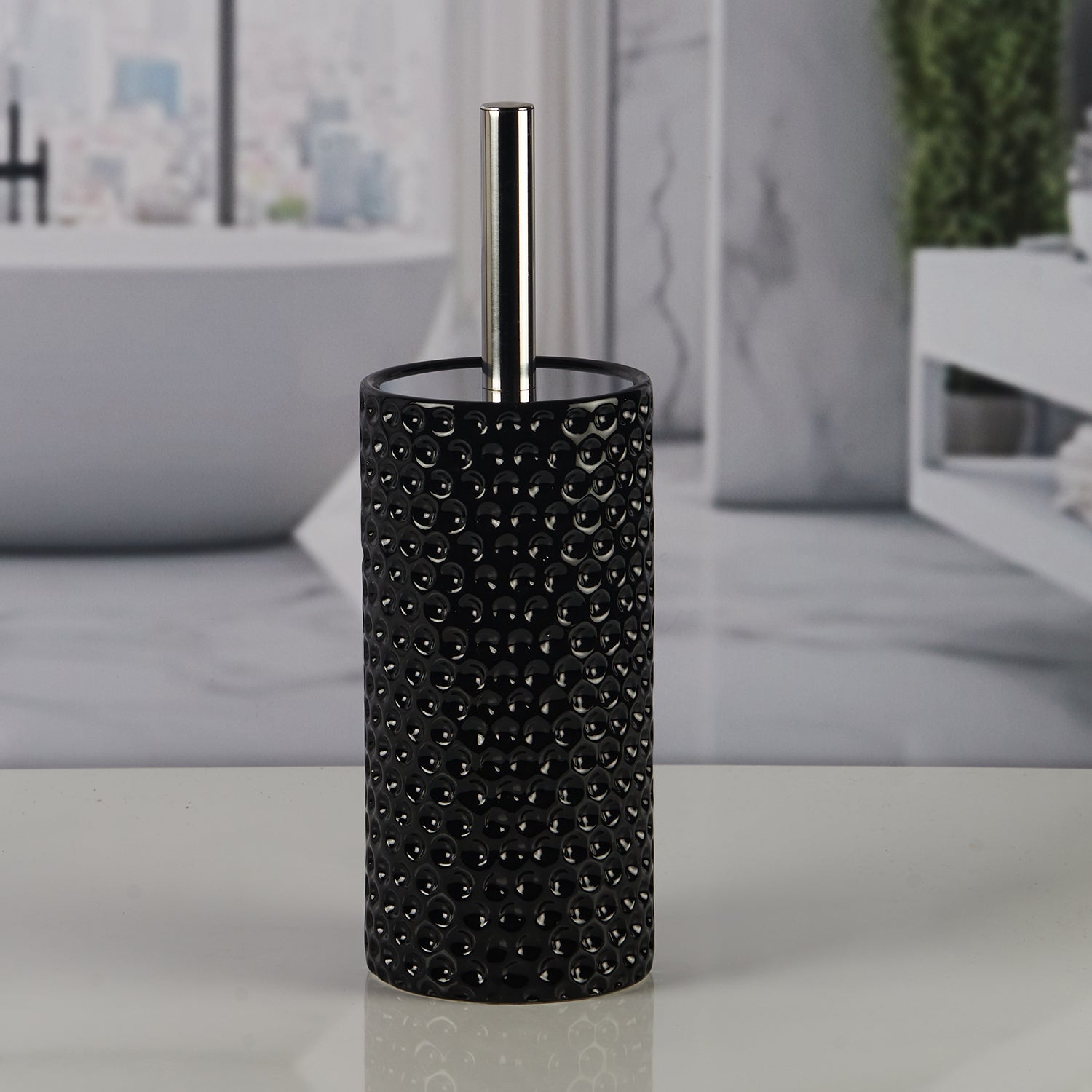 Ceramic Toilet Cleaner Brush with Holder Stand for Bathroom, Black (11179)