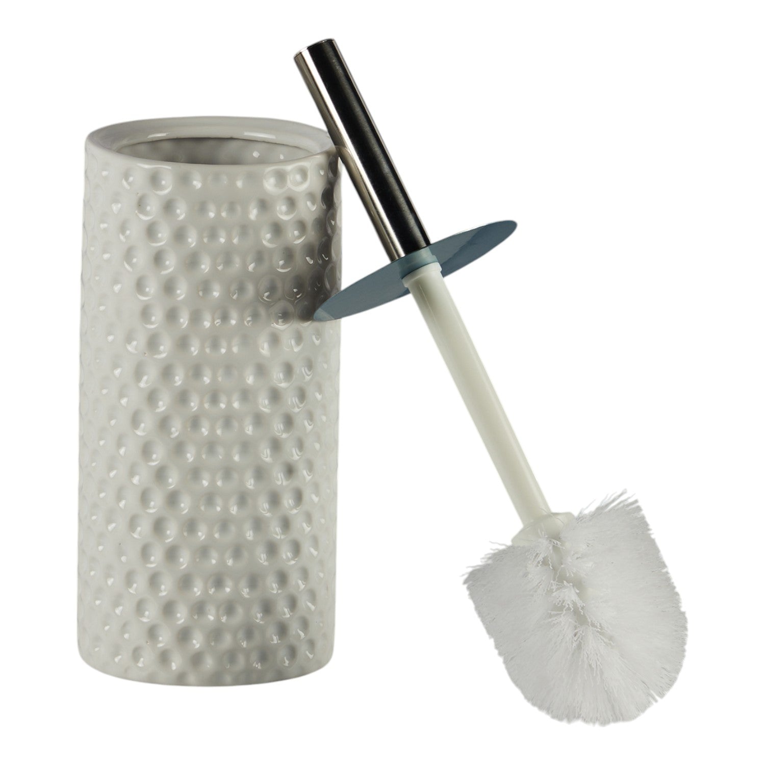 Ceramic Toilet Cleaner Brush with Holder Stand for Bathroom, White (11180)