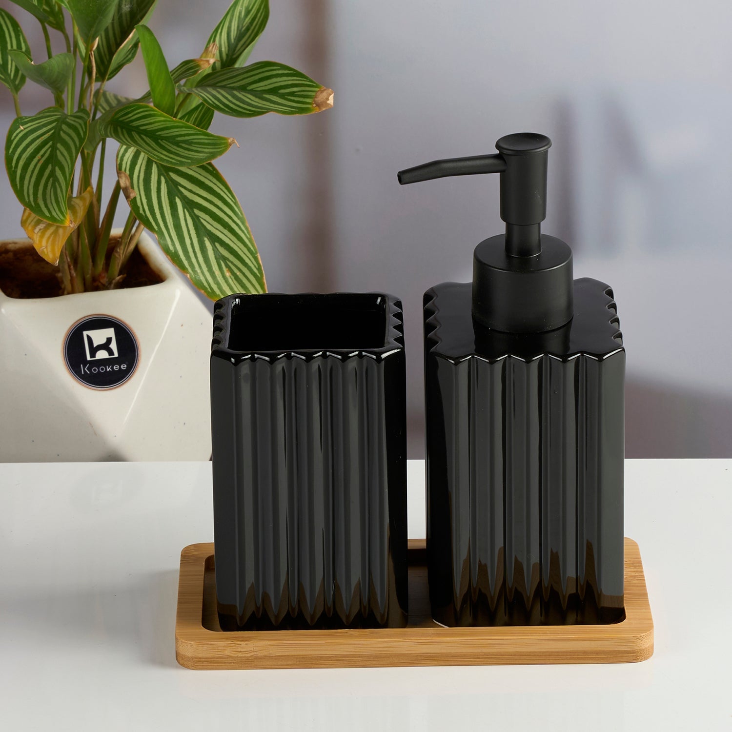 Ceramic Bathroom Accessories Set of 3, Modern Bath Set with Liquid handwash Soap Dispenser and Toothbrush holder with Tray, Luxury Gift Accessory for Home, Black (11183)
