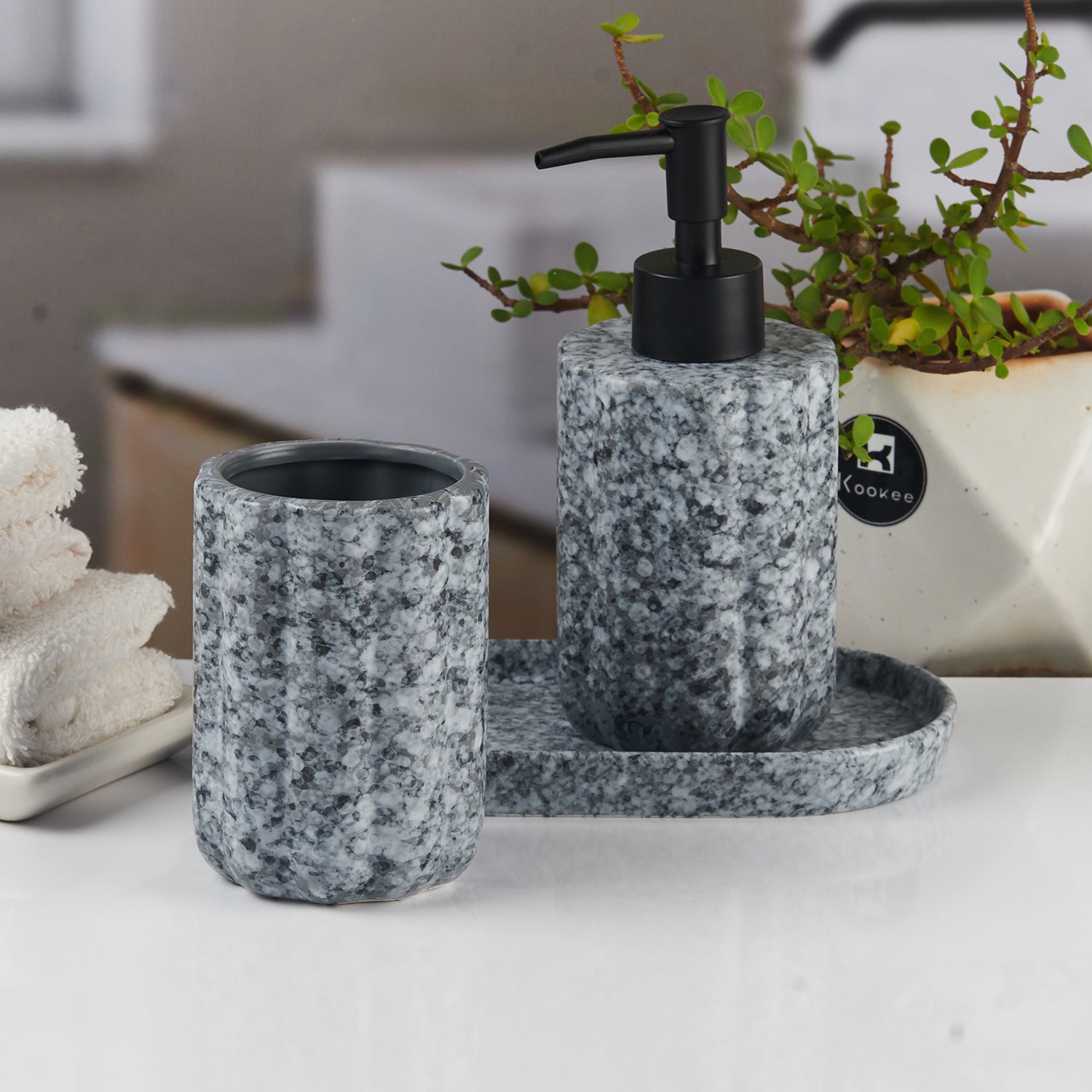 Ceramic Bathroom Accessories Set of 3 with Soap Dispenser (11186)