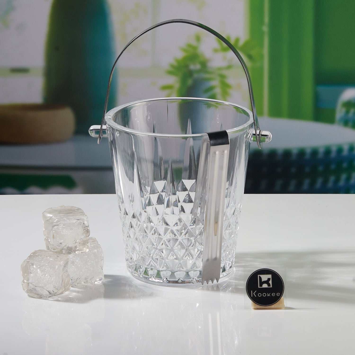 Glass Crystal Ice Bucket with Tong & Handle, Set of 1, 800ml (11323)