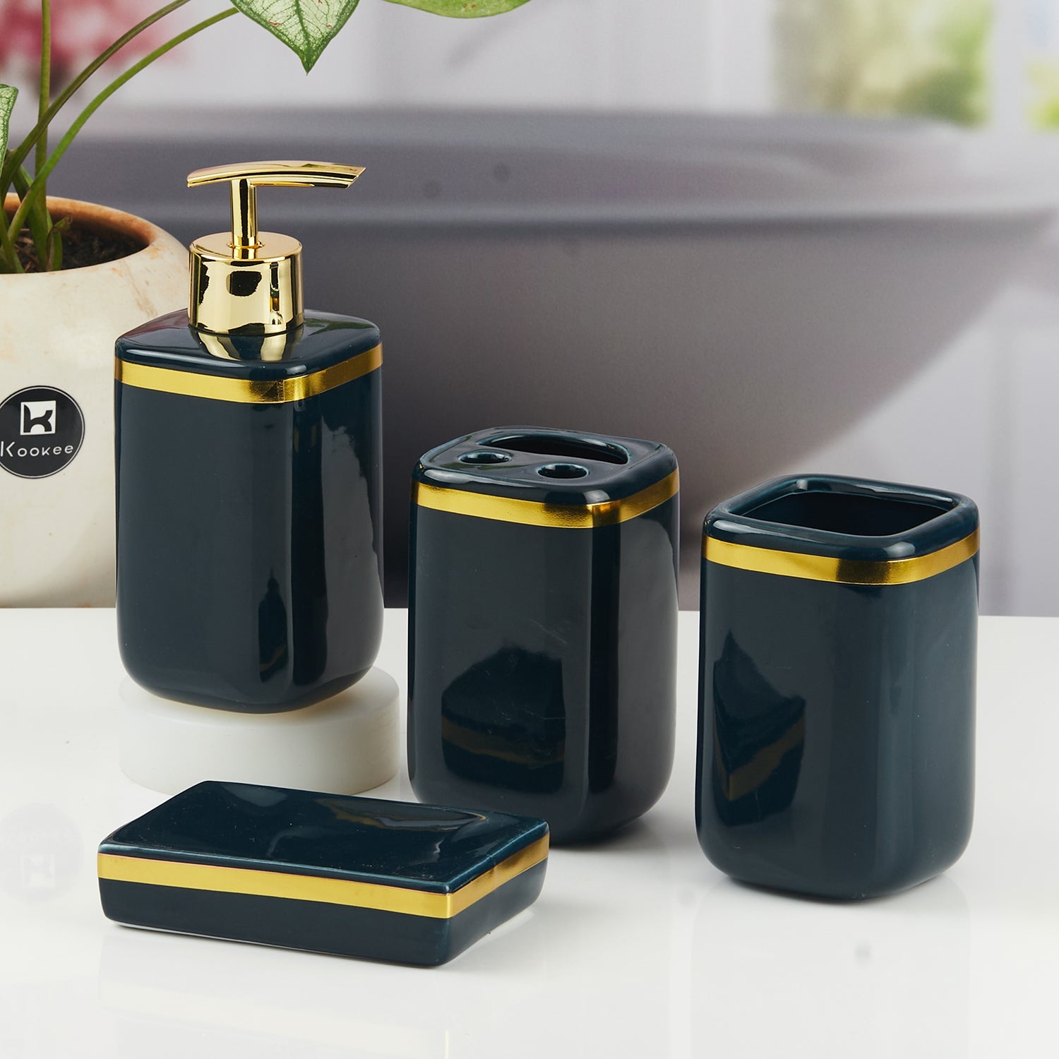 Ceramic Bathroom Accessories Set of 4 with Soap Dispenser (11337)