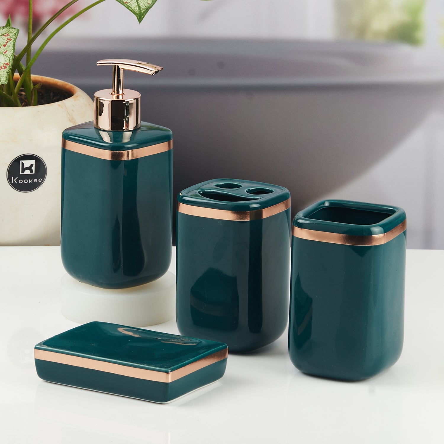 Ceramic Bathroom Accessories Set of 4 with Soap Dispenser (11337)