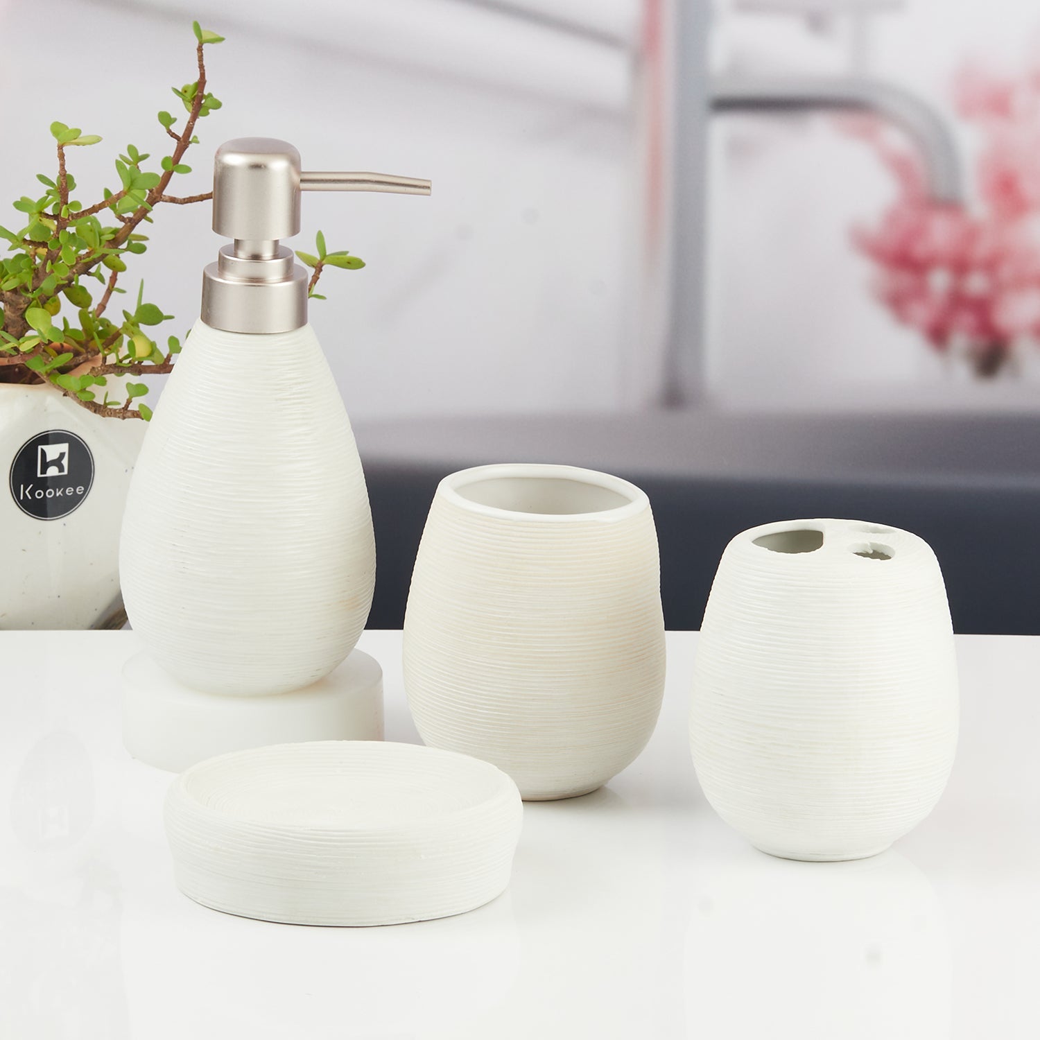 Ceramic Bathroom Accessories Set of 4 with Soap Dispenser (11340)