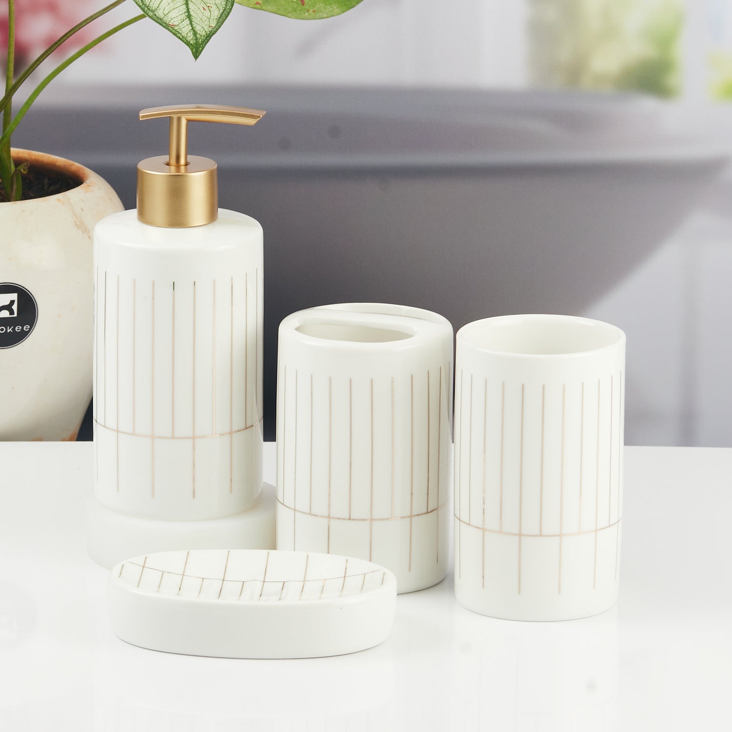 Ceramic Bathroom Accessories Set of 4 with Soap Dispenser (11358)