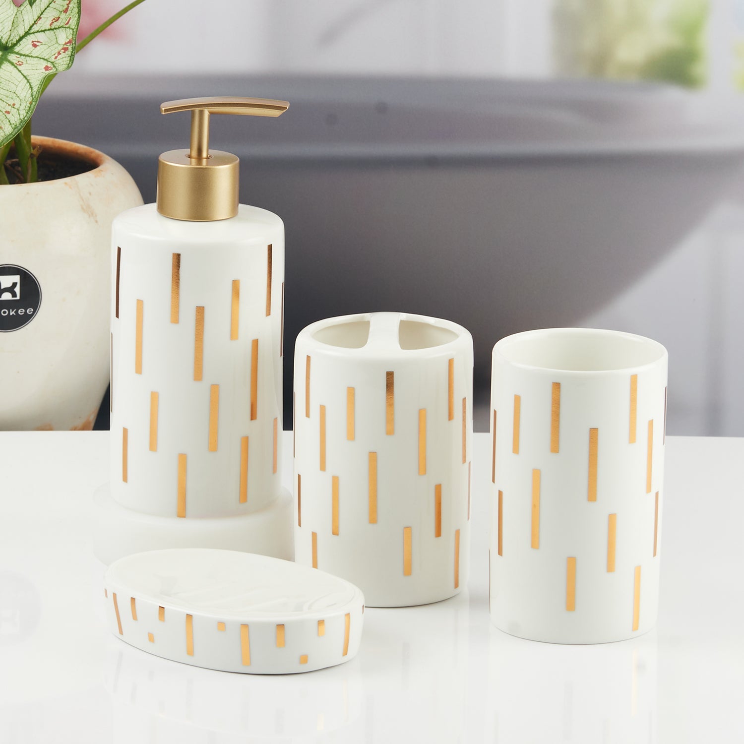 Ceramic Bathroom Accessories Set of 4 with Soap Dispenser (11374)